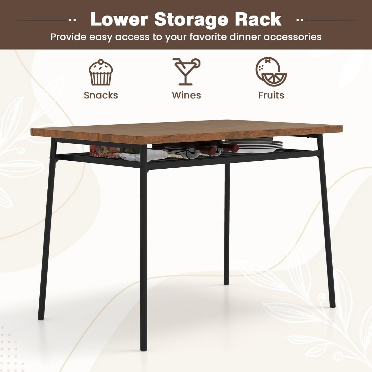 5-Piece Table Set for 4 with Metal Frame and Storage Rack, Brown Dining Room Sets at Gallery Canada