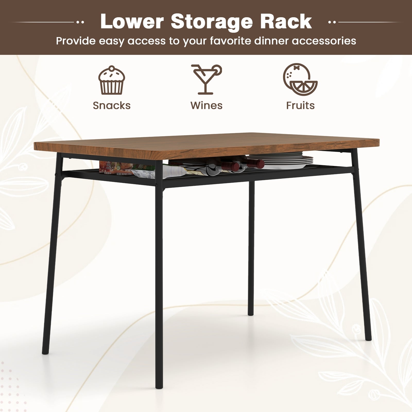 5-Piece Table Set for 4 with Metal Frame and Storage Rack, Brown Dining Room Sets at Gallery Canada