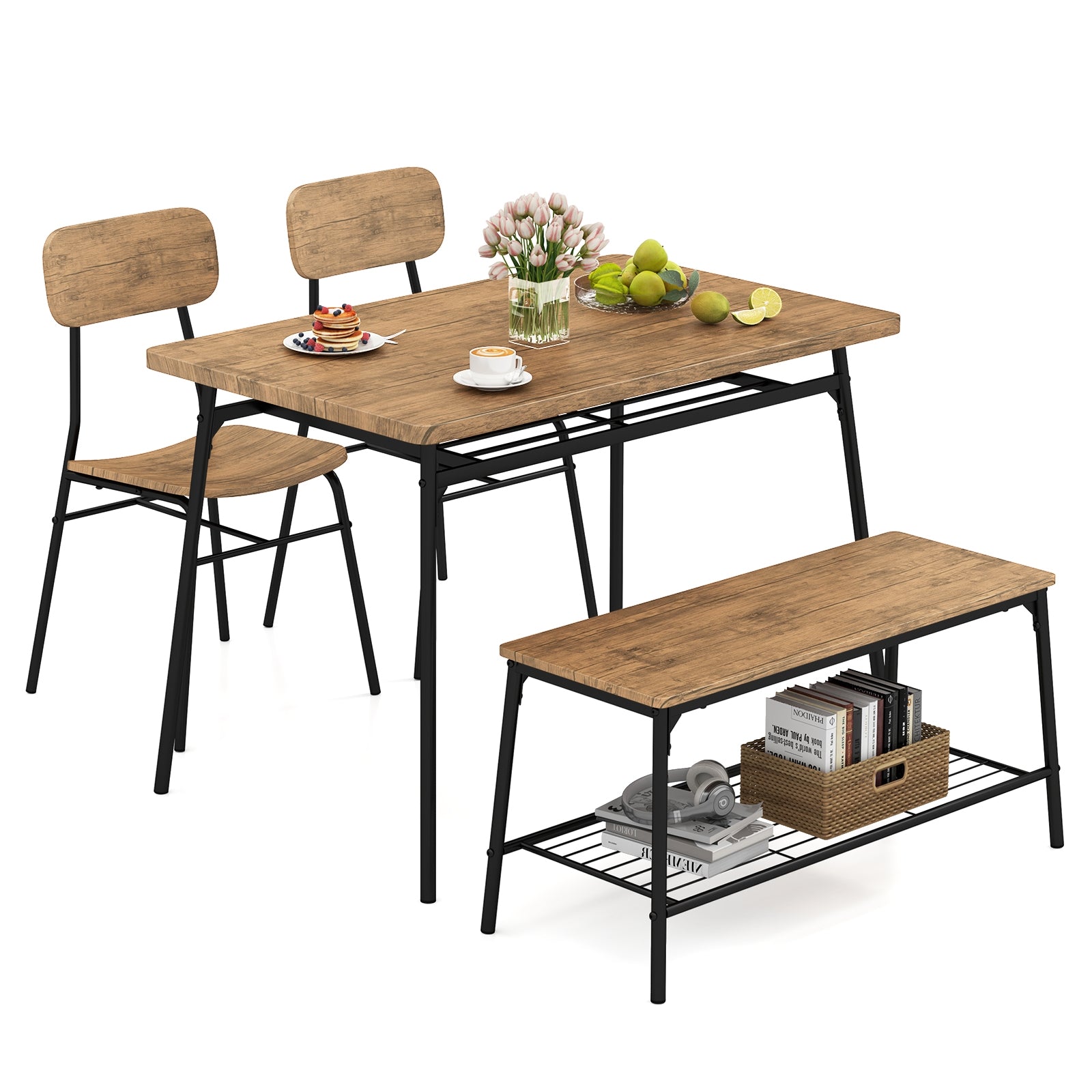 4 Piece Dining Table Set for 4 Metal Frame with Bench and 2 Chairs, Brown Dining Room Sets Brown at Gallery Canada