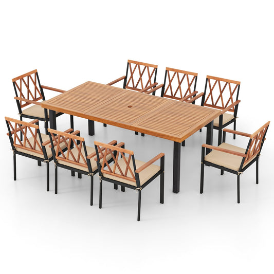 9 Piece Patio Dining Set, 39.5 Inch Acacia Wood Table, 22.5 Inch Chairs, Natural Patio Dining Sets Natural at Gallery Canada