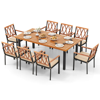 9 Pieces Patio Dining Set 39.5 Inch Acacia Wood Table with Umbrella Hole and 22.5-Inch Wide Chairs, Natural Patio Dining Sets at Gallery Canada