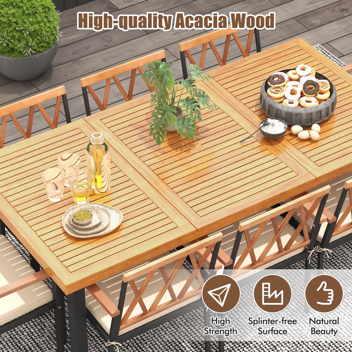 9 Pieces Patio Dining Set 39.5 Inch Acacia Wood Table with Umbrella Hole and 22.5-Inch Wide Chairs, Natural Patio Dining Sets at Gallery Canada