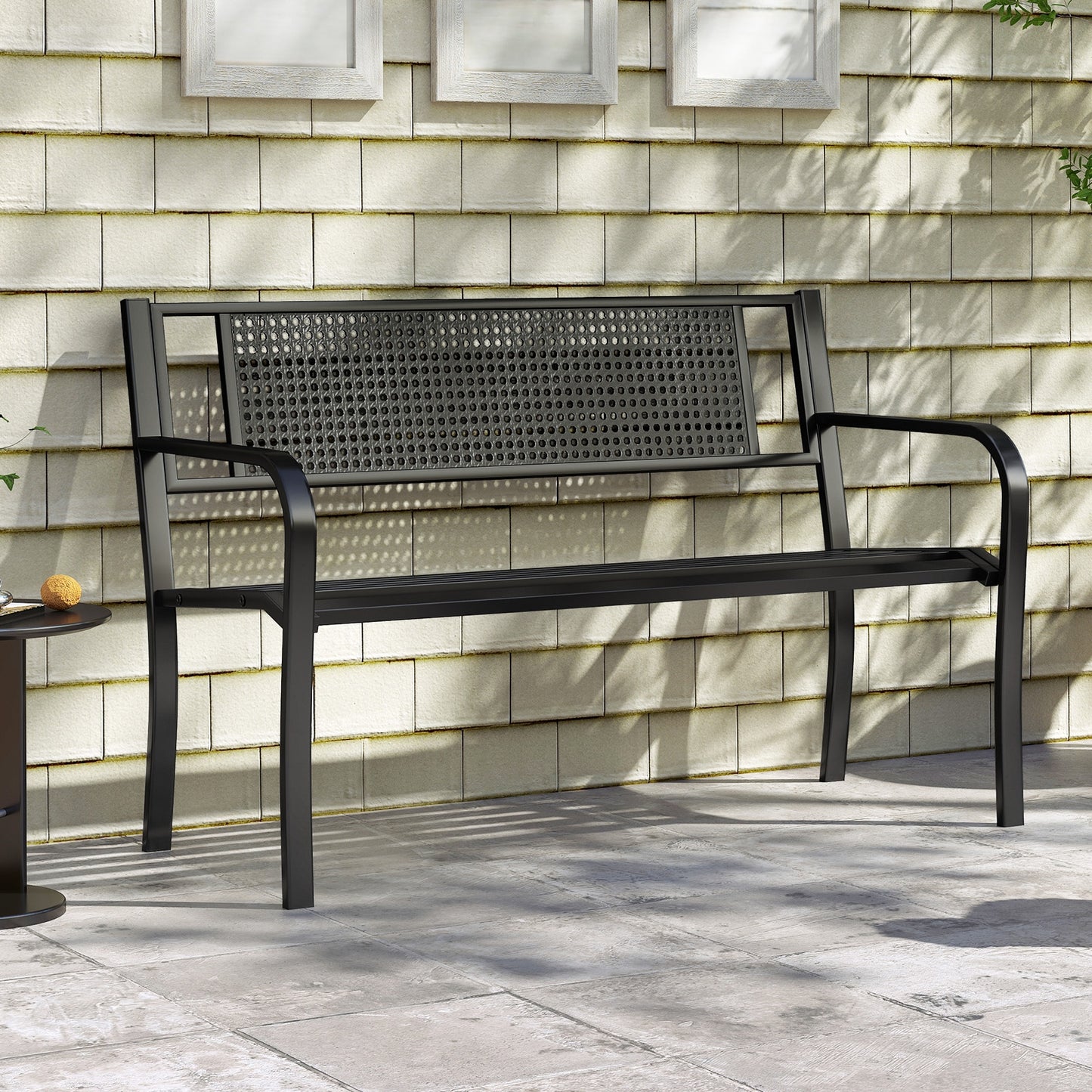 50 Inches Garden Bench with Patterned Backrest and Curved Armrests, Black Outdoor Benches at Gallery Canada