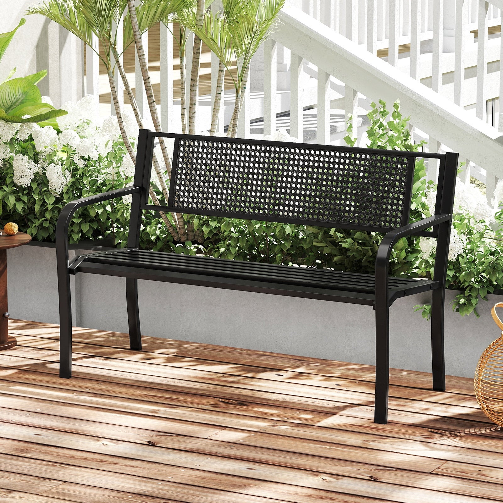 50 Inches Garden Bench with Patterned Backrest and Curved Armrests, Black Outdoor Benches at Gallery Canada
