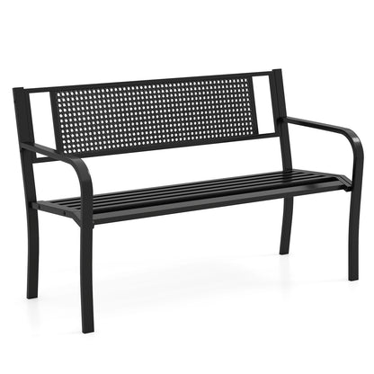 50 Inches Garden Bench, Patterned Backrest, Curved Armrests, Black Outdoor Benches at Gallery Canada