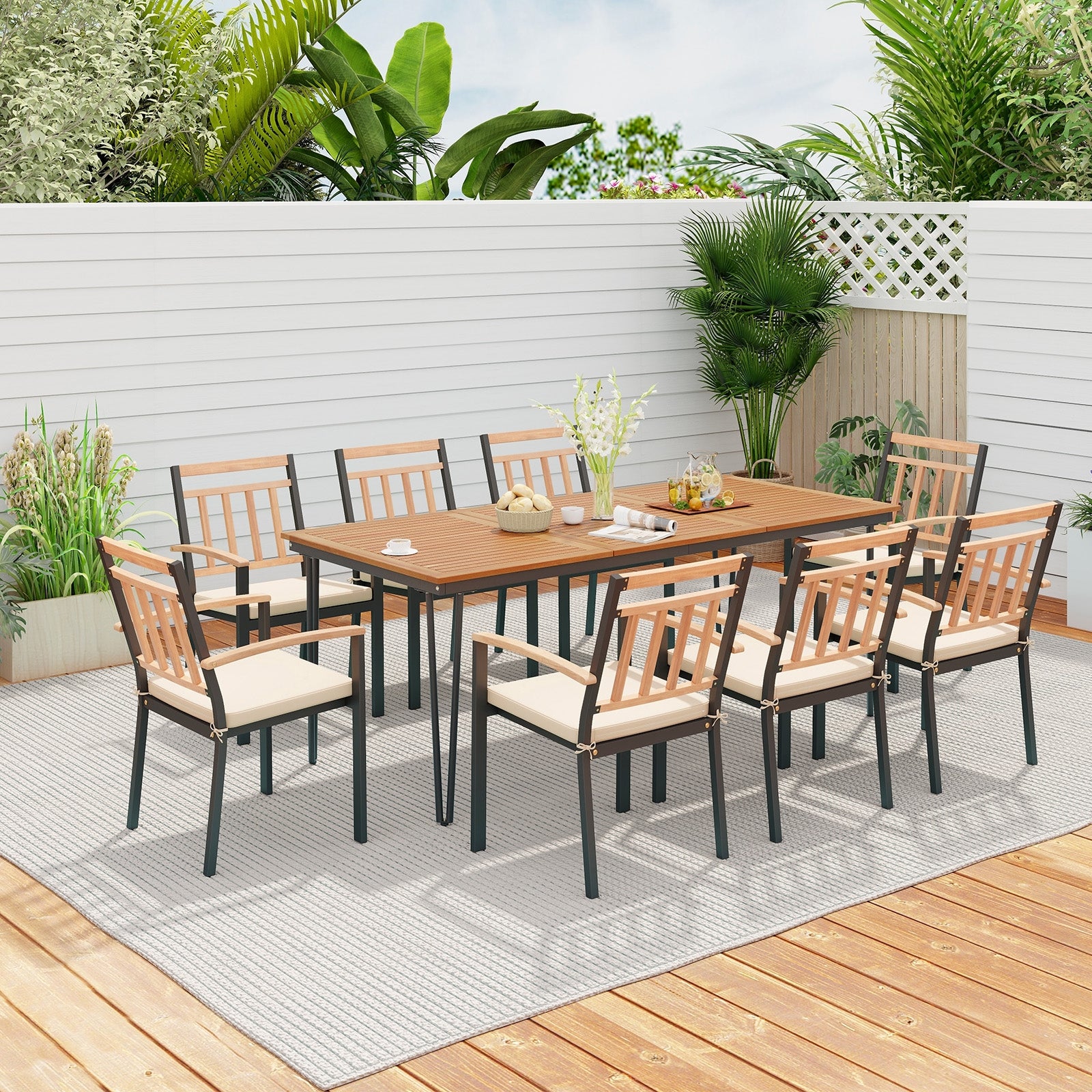 9-Piece Patio Dining Set 35.5 Inch Acacia Wood Table with Umbrella Hole and 24-Inch Wide Chairs, Natural Patio Dining Sets at Gallery Canada