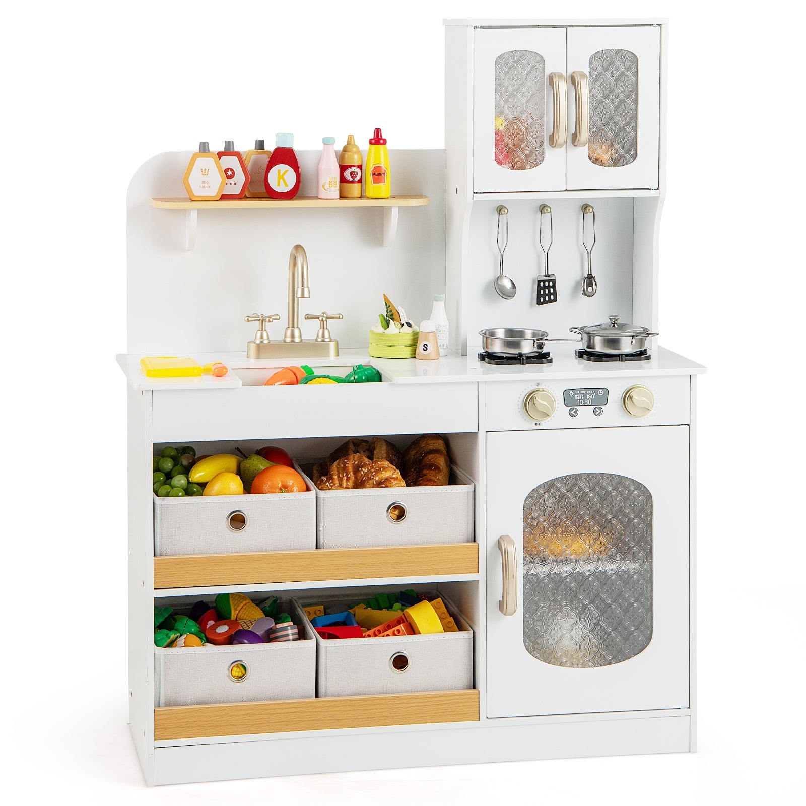Kids Kitchen Playset with Cooking Accessories and Toy Cuttable Veggies, White Play Kitchen Sets White at Gallery Canada