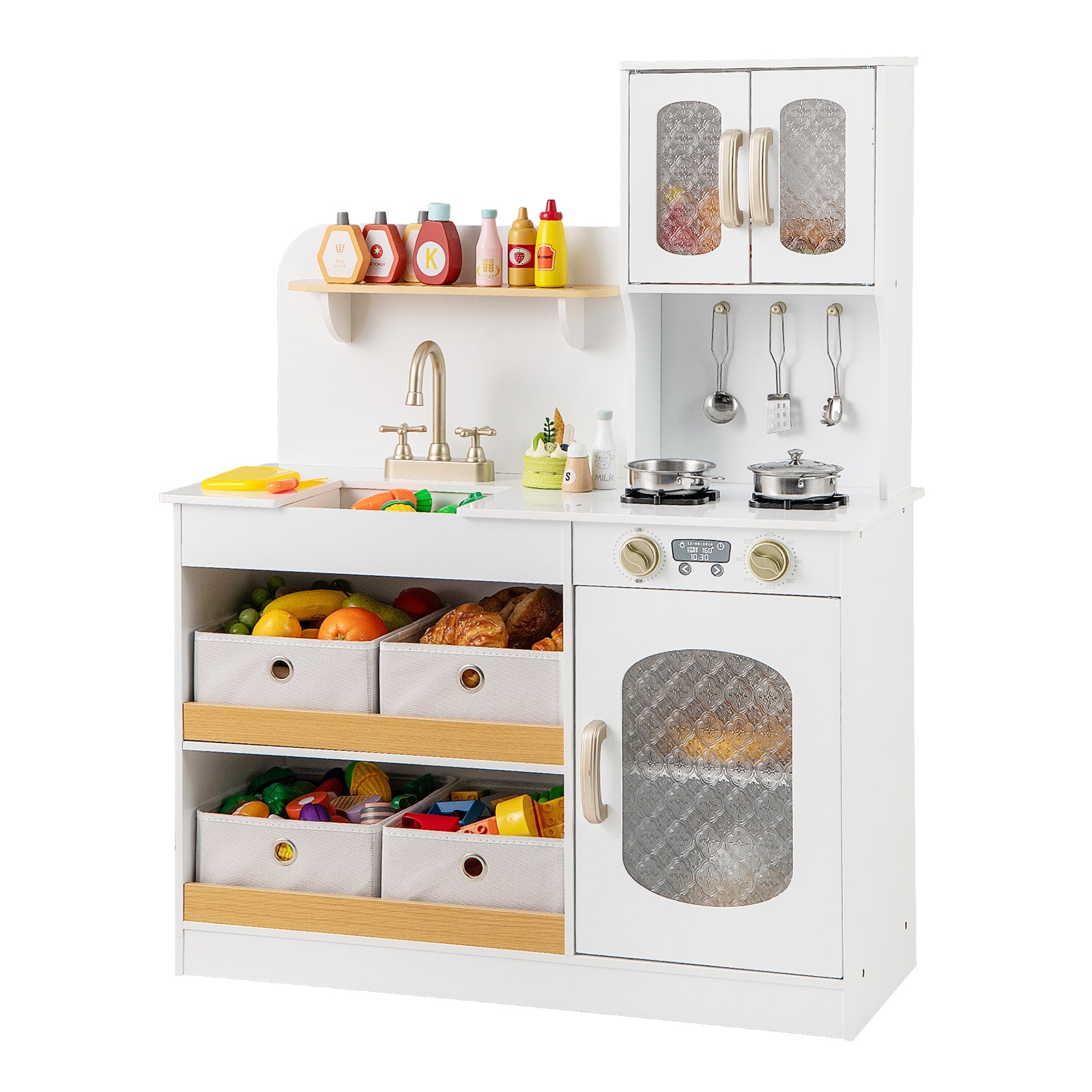 Kids Kitchen Playset with Cooking Accessories and Toy Cuttable Veggies, White Play Kitchen Sets at Gallery Canada