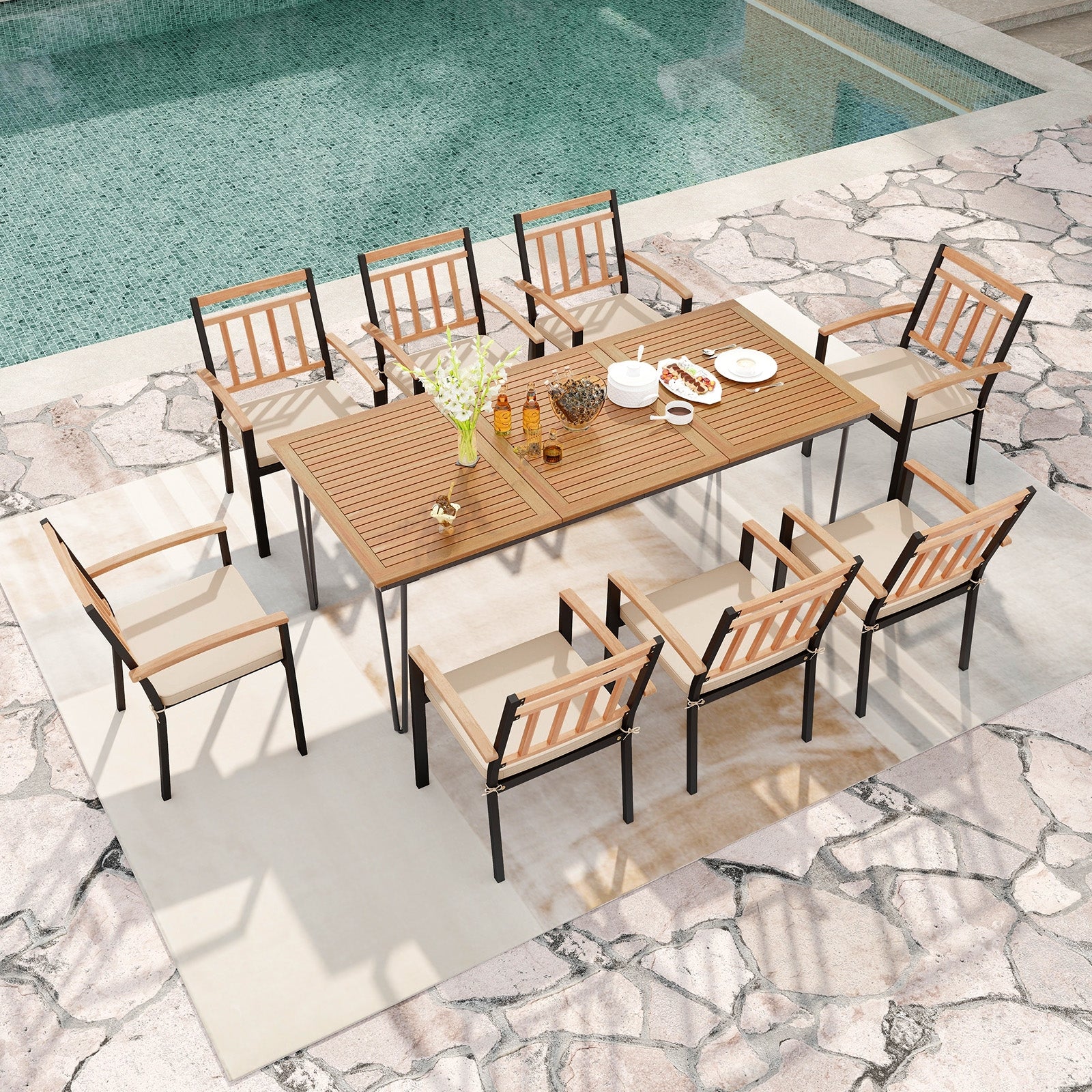 9-Piece Patio Dining Set 35.5 Inch Acacia Wood Table with Umbrella Hole and 24-Inch Wide Chairs, Natural Patio Dining Sets at Gallery Canada