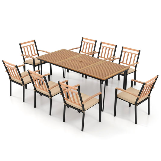 9-Piece Patio Dining Set 35.5 Inch Acacia Wood Table with Umbrella Hole and 24-Inch Wide Chairs, Natural Patio Dining Sets Natural at Gallery Canada