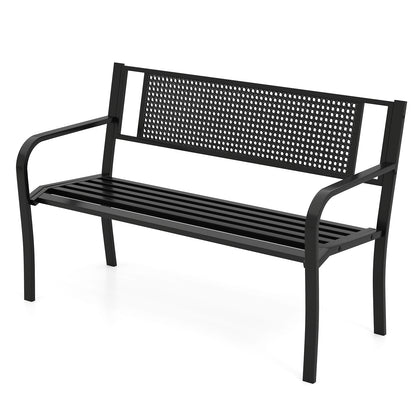 50 Inches Garden Bench with Patterned Backrest and Curved Armrests, Black Outdoor Benches at Gallery Canada