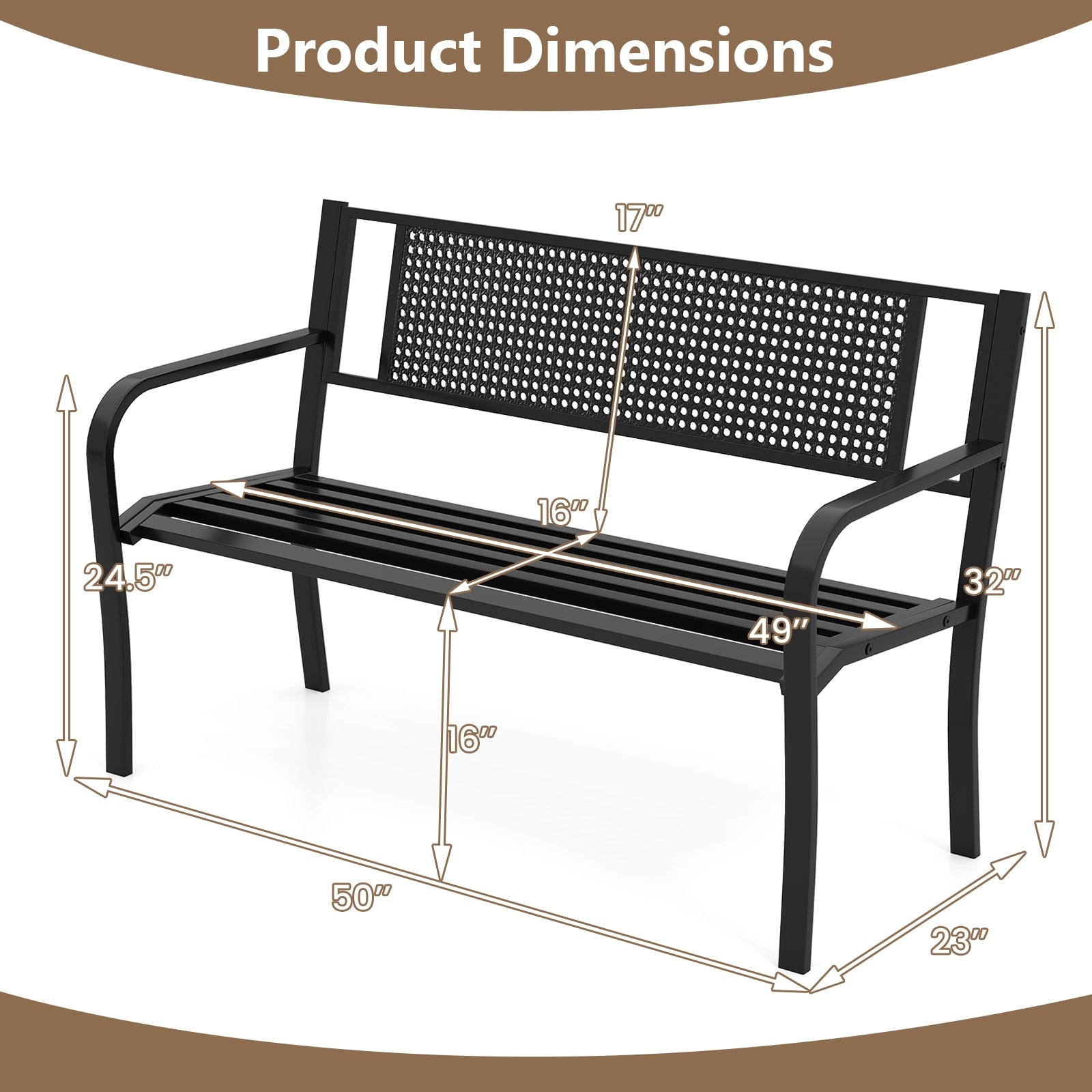 50 Inches Garden Bench with Patterned Backrest and Curved Armrests, Black Outdoor Benches at Gallery Canada