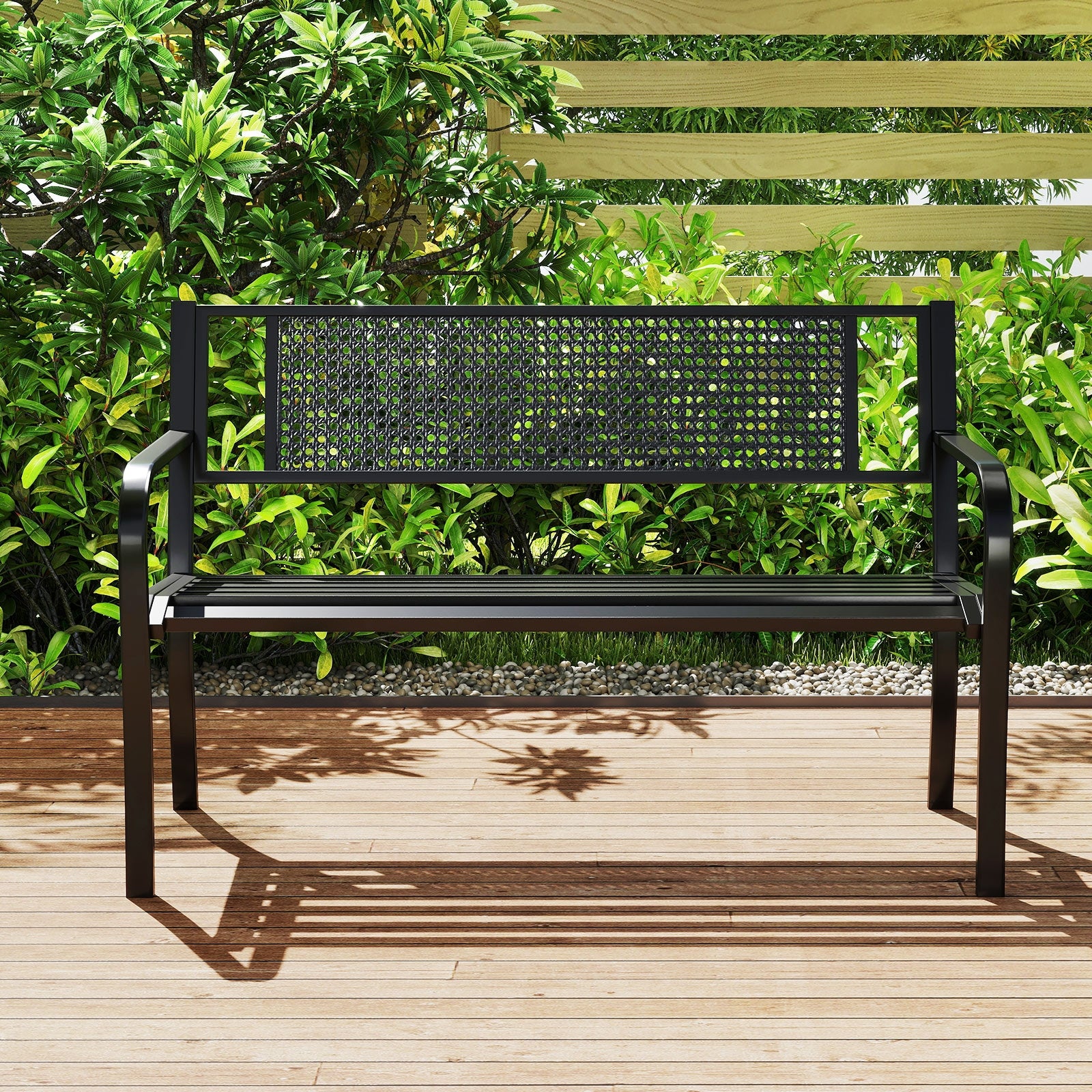 50 Inches Garden Bench with Patterned Backrest and Curved Armrests, Black Outdoor Benches at Gallery Canada