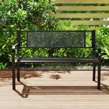 50 Inches Garden Bench with Patterned Backrest and Curved Armrests, Black Outdoor Benches at Gallery Canada