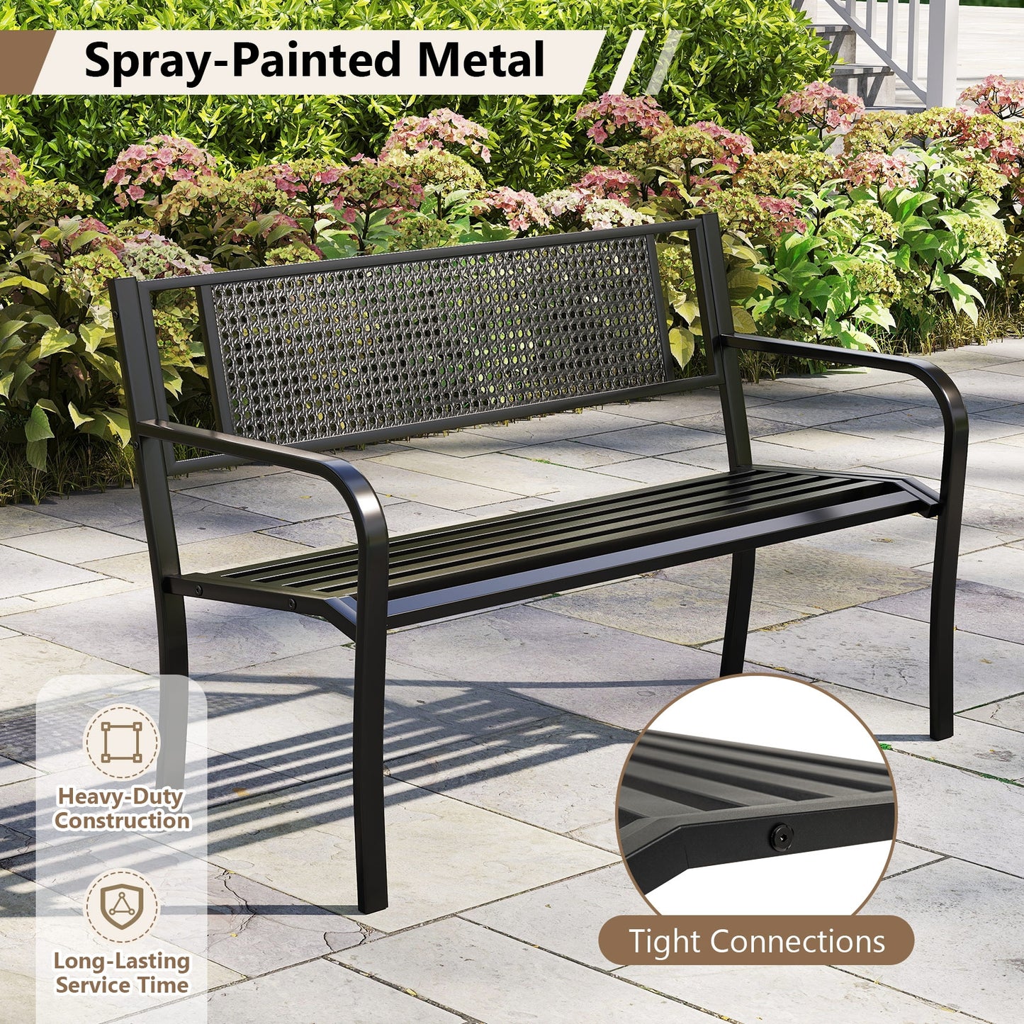 50 Inches Garden Bench with Patterned Backrest and Curved Armrests, Black Outdoor Benches at Gallery Canada