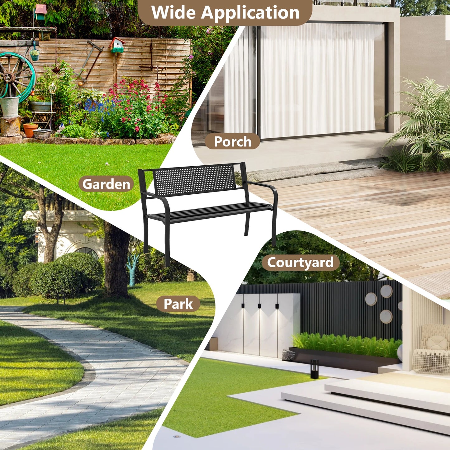 50 Inches Garden Bench with Patterned Backrest and Curved Armrests, Black Outdoor Benches at Gallery Canada