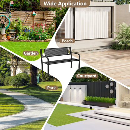 50 Inches Garden Bench with Patterned Backrest and Curved Armrests, Black Outdoor Benches at Gallery Canada