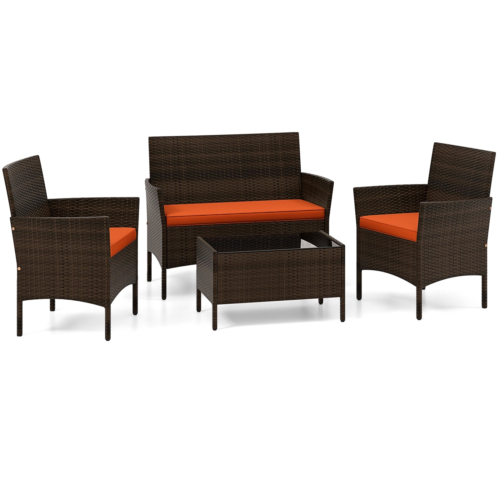 4 Piece Patio Rattan Conversation Set with Cozy Seat Cushions, Orange Patio Conversation Sets at Gallery Canada