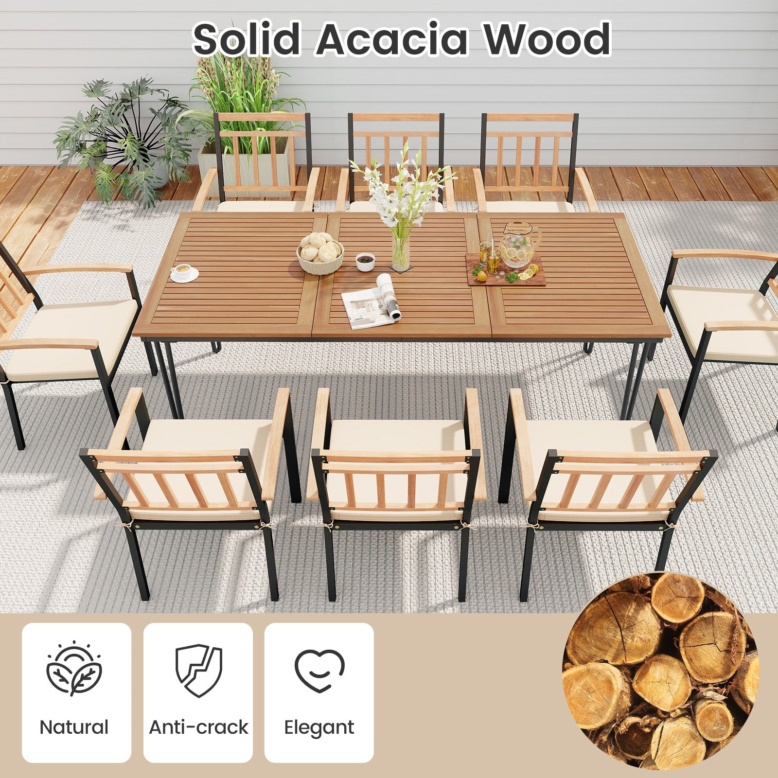 9-Piece Patio Dining Set 35.5 Inch Acacia Wood Table with Umbrella Hole and 24-Inch Wide Chairs, Natural Patio Dining Sets at Gallery Canada