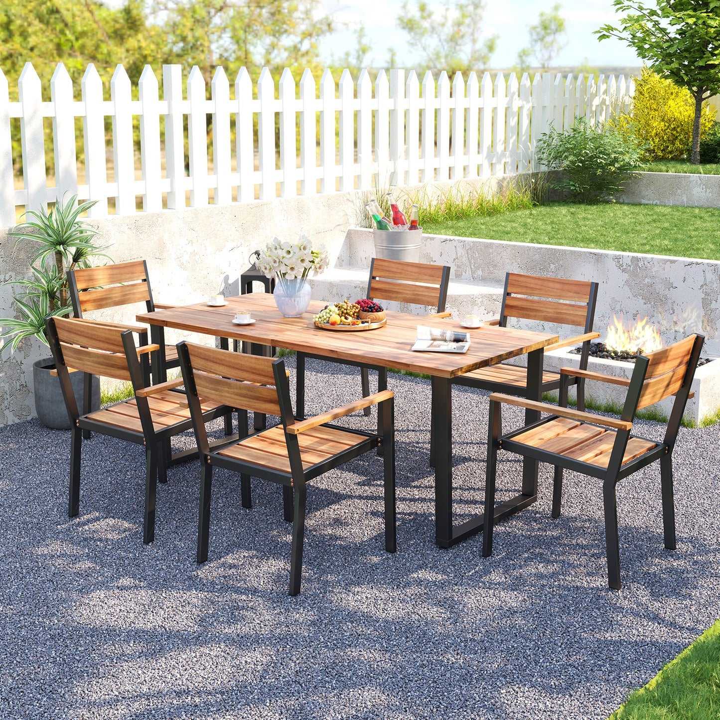 7 Pieces Acacia Wood Patio Dining Set with Metal Frame and 2 Inches Umbrella Hole Patio Dining Sets at Gallery Canada