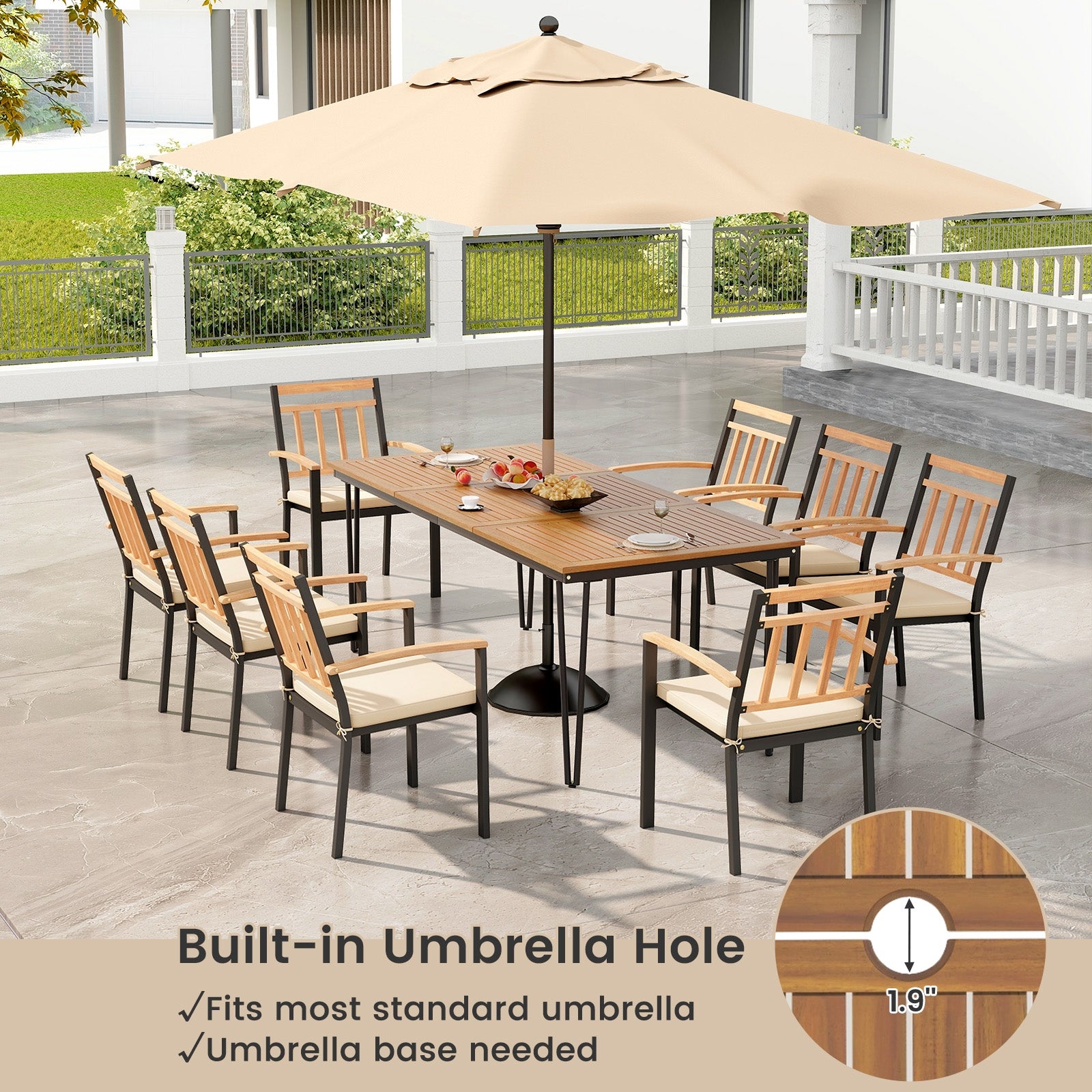 9-Piece Patio Dining Set 35.5 Inch Acacia Wood Table with Umbrella Hole and 24-Inch Wide Chairs, Natural Patio Dining Sets at Gallery Canada