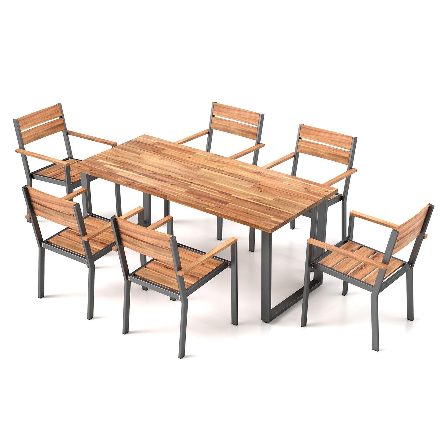 7 Pieces Acacia Wood Patio Dining Set with Metal Frame and 2 Inches Umbrella Hole Patio Dining Sets Brown, Black at Gallery Canada