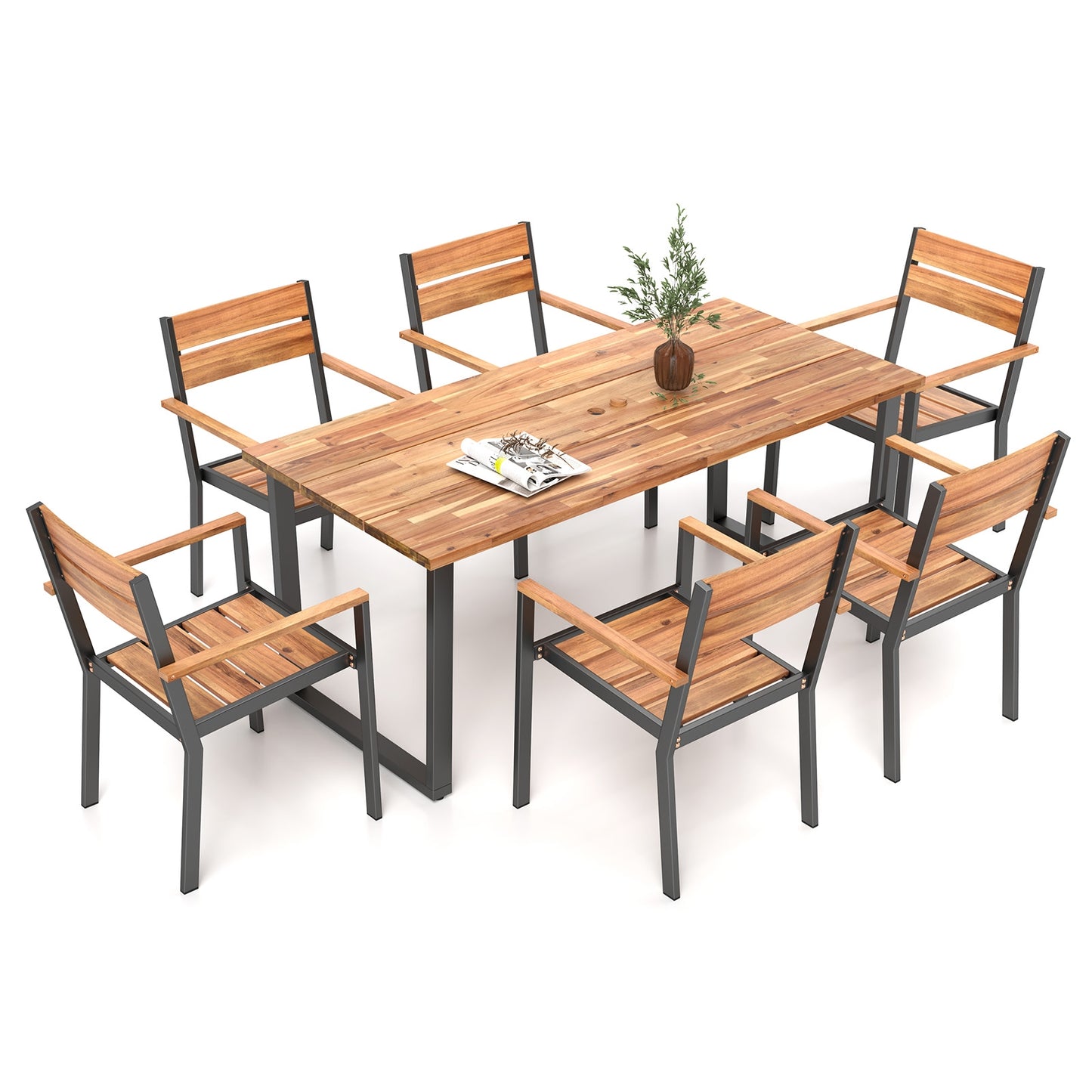 7 Pieces Acacia Wood Patio Dining Set with Metal Frame and 2 Inches Umbrella Hole Patio Dining Sets at Gallery Canada