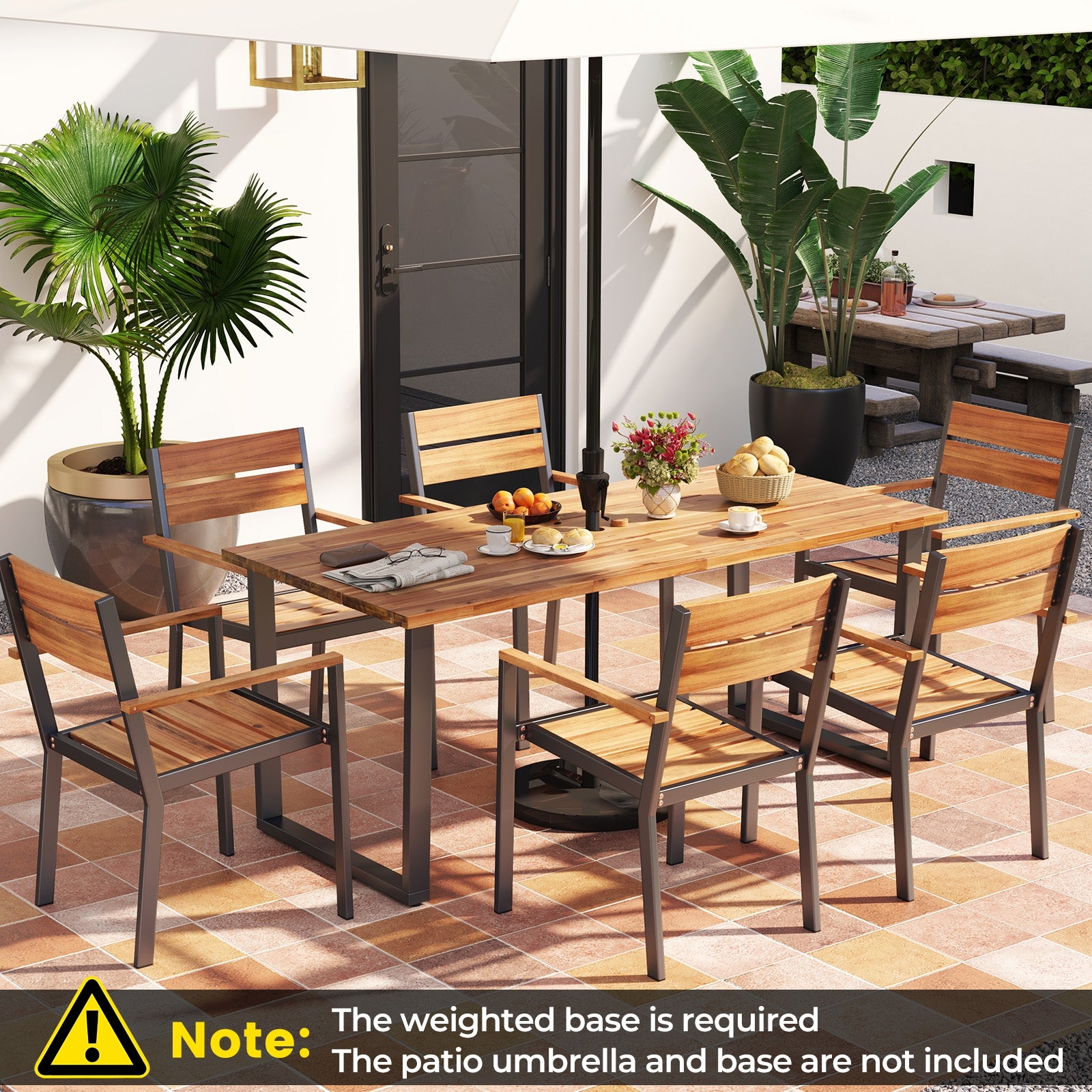7 Pieces Acacia Wood Patio Dining Set with Metal Frame and 2 Inches Umbrella Hole Patio Dining Sets at Gallery Canada