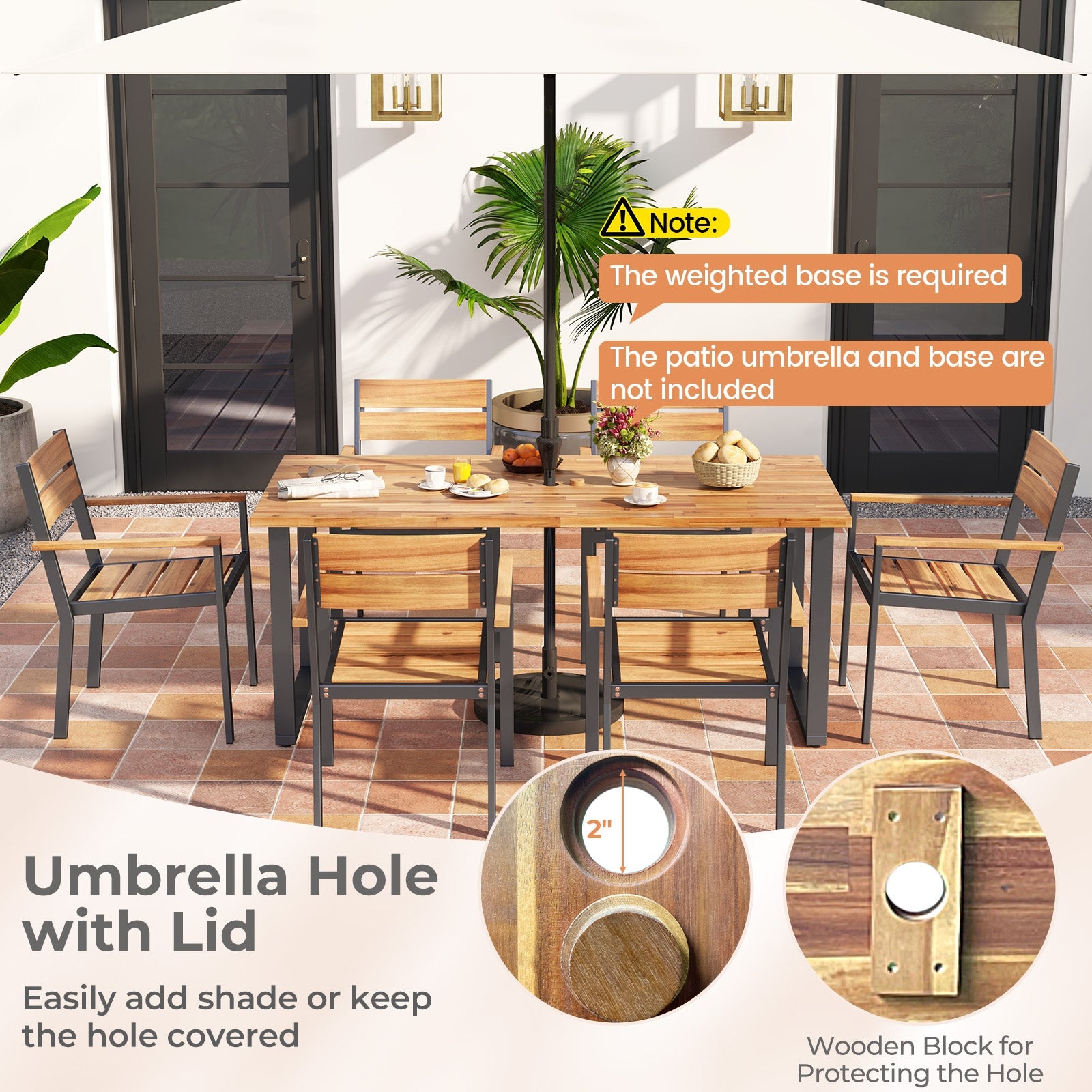 7 Pieces Acacia Wood Patio Dining Set with Metal Frame and 2 Inches Umbrella Hole Patio Dining Sets at Gallery Canada