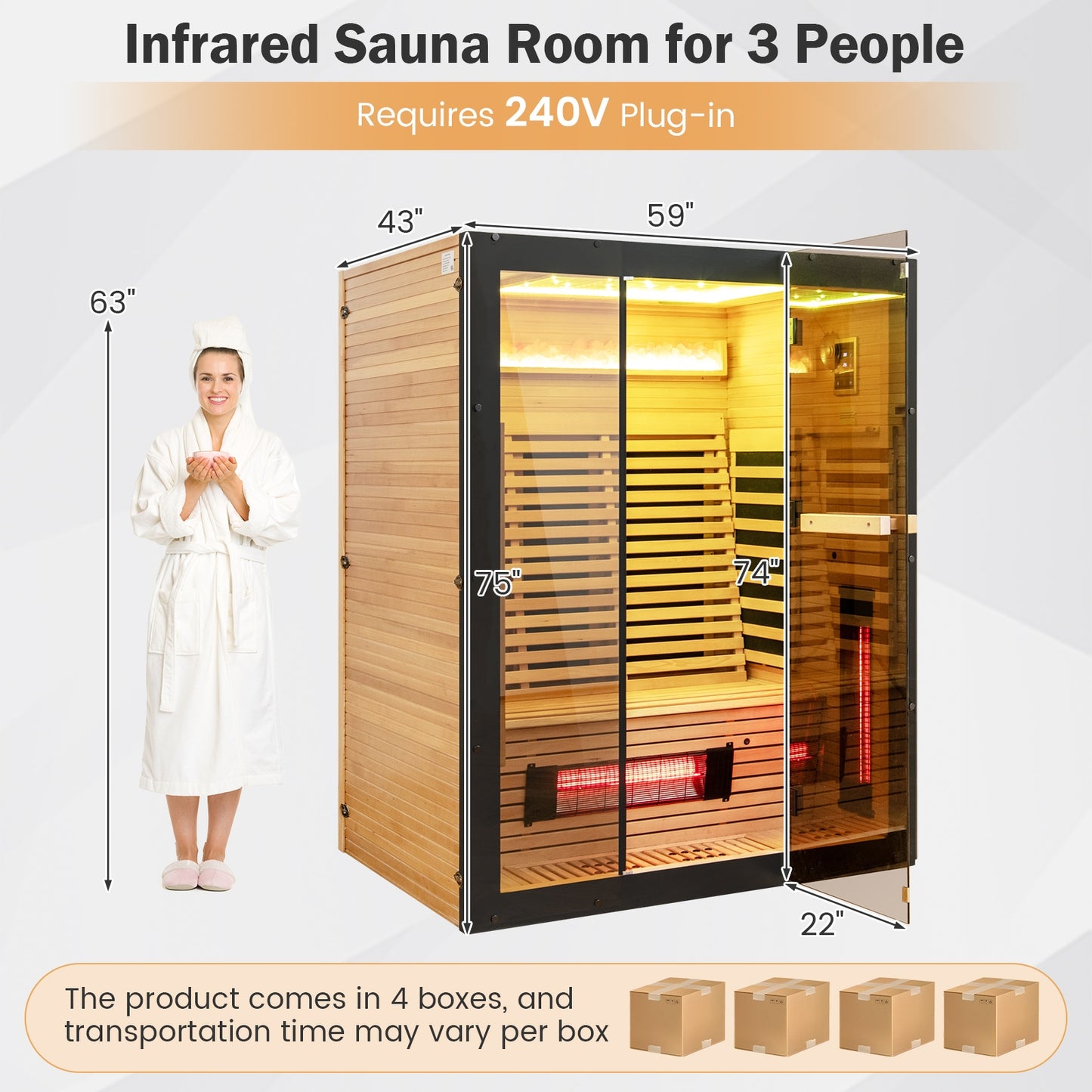 Infrared Wooden Sauna Room for 3 People with Heating Panels and Red Light Tubes Sauna at Gallery Canada