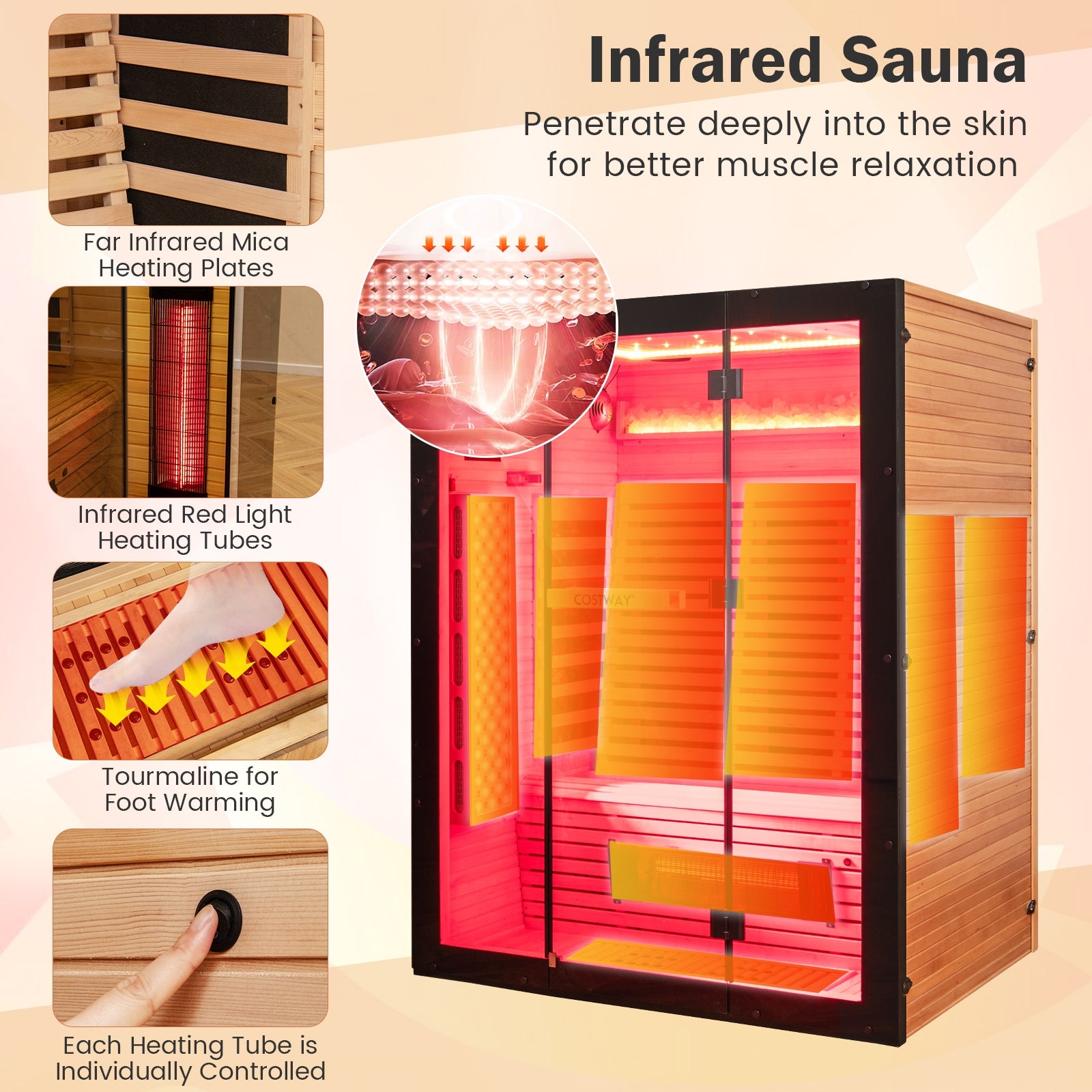 Infrared Wooden Sauna Room for 3 People with Heating Panels and Red Light Tubes Sauna at Gallery Canada