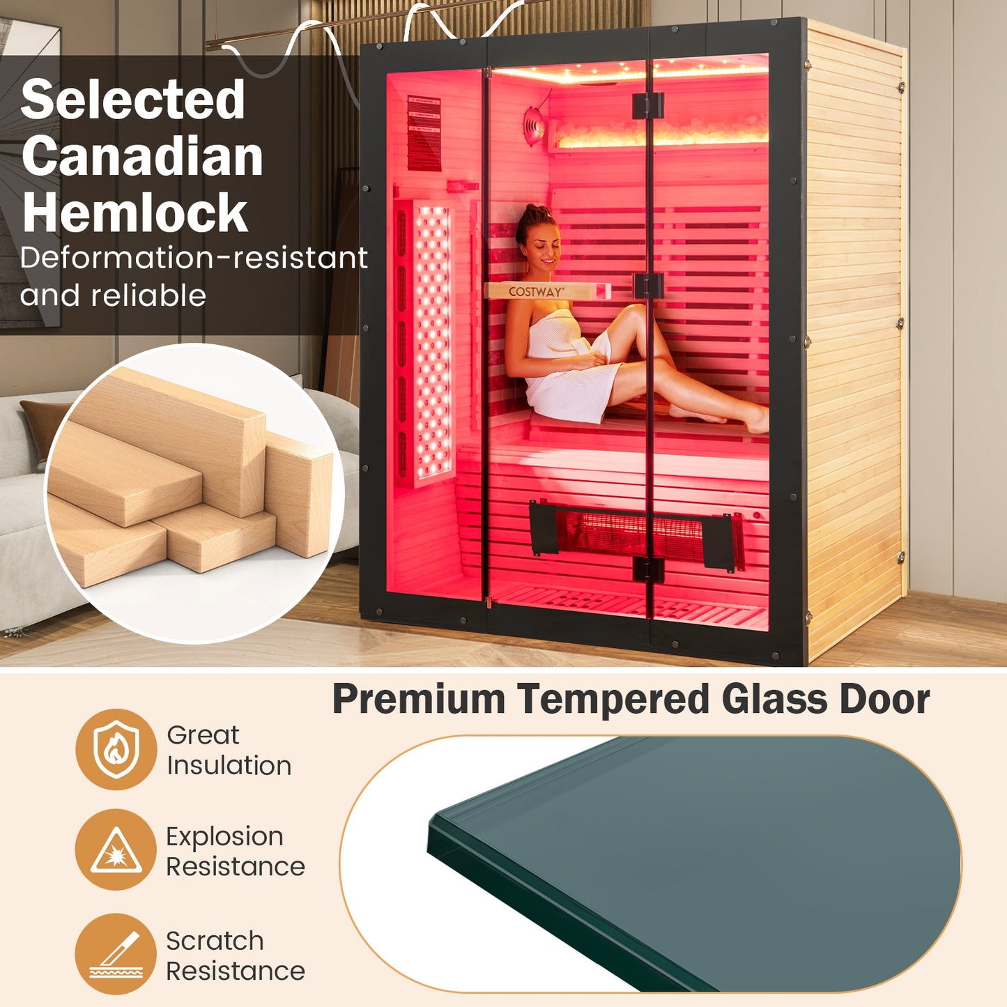 Infrared Wooden Sauna Room for 3 People with Heating Panels and Red Light Tubes Sauna at Gallery Canada