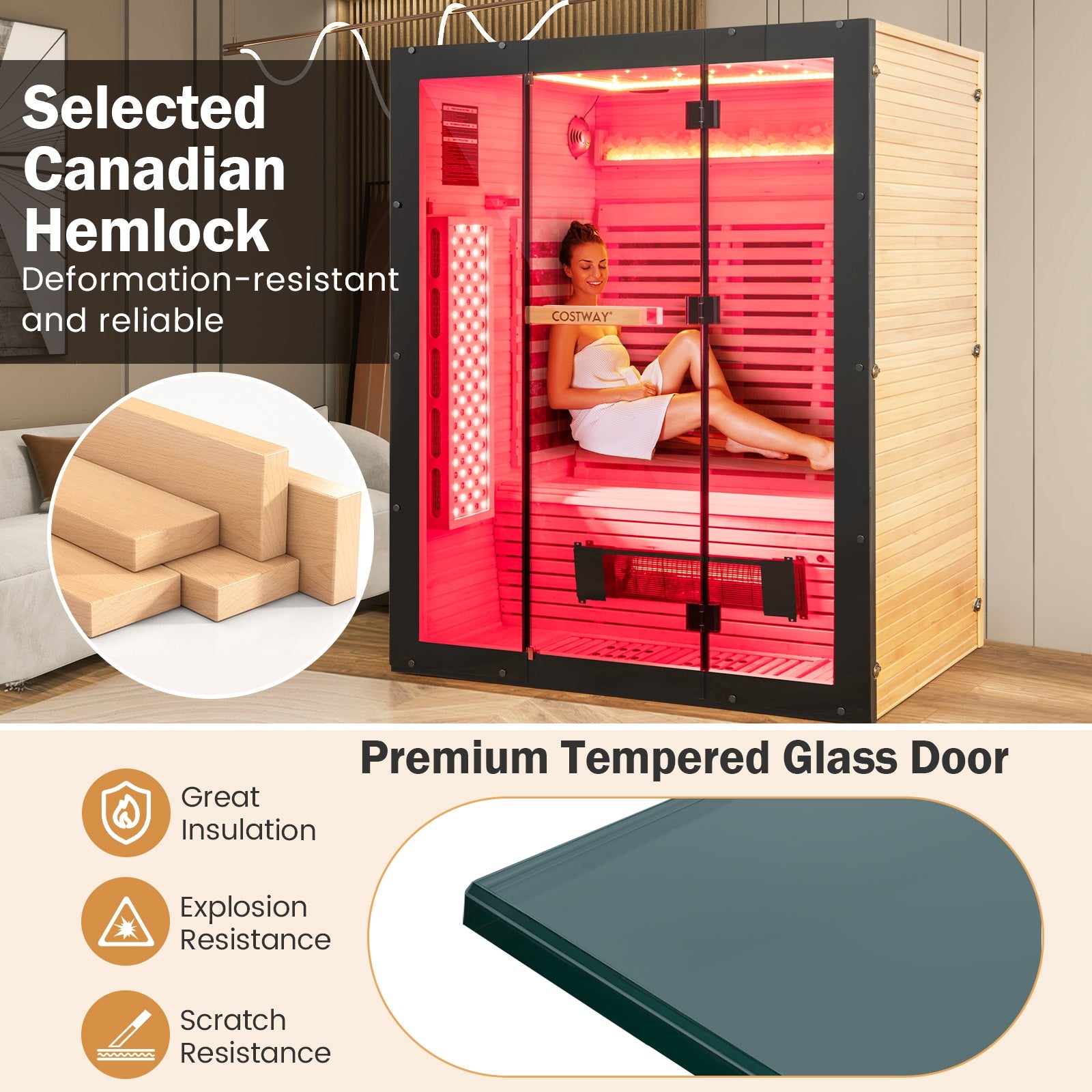 Infrared Wooden Sauna Room for 3 People with Heating Panels and Red Light Tubes Sauna at Gallery Canada