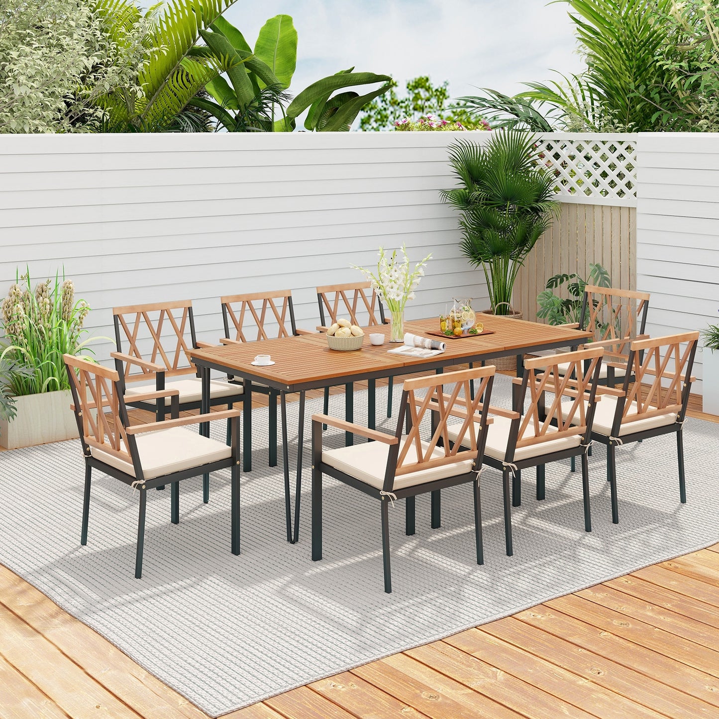 9-Piece Patio Dining Set 35.5 Inch Acacia Wood Table with Umbrella Hole and 22.5-Inch Wide Chairs, Natural Patio Dining Sets at Gallery Canada