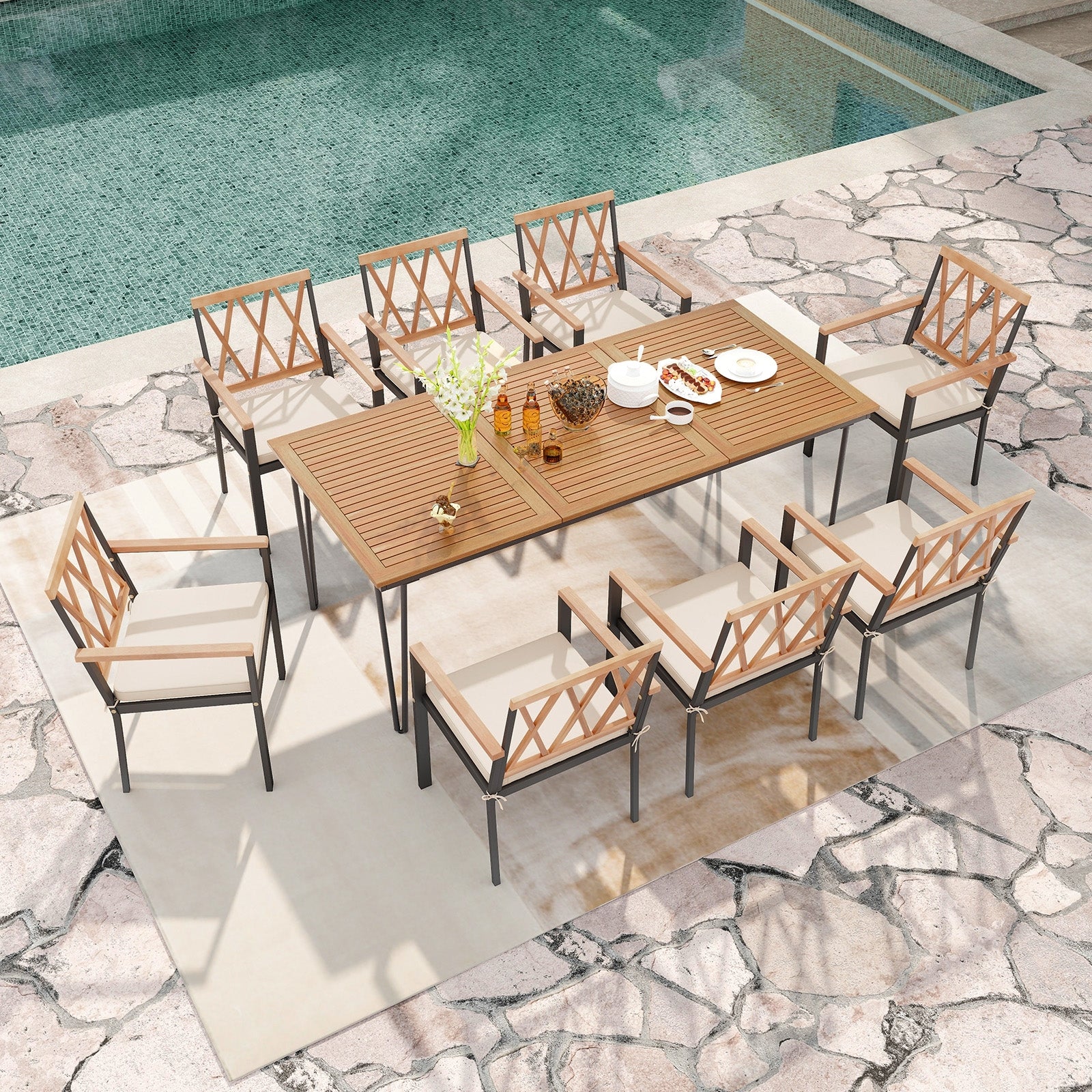 9-Piece Patio Dining Set 35.5 Inch Acacia Wood Table with Umbrella Hole and 22.5-Inch Wide Chairs, Natural Patio Dining Sets at Gallery Canada