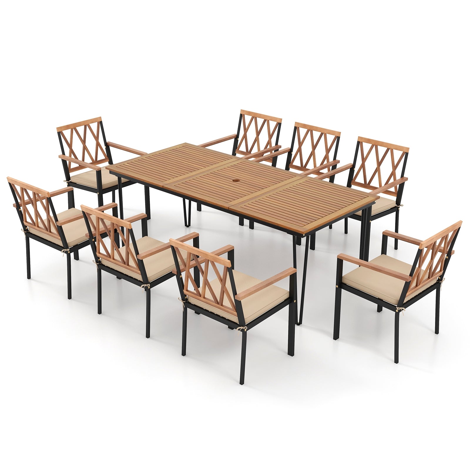 9-Piece Patio Dining Set, 35.5 Inch Acacia Wood Table, 22.5-Inch Chairs, Natural Patio Dining Sets at Gallery Canada
