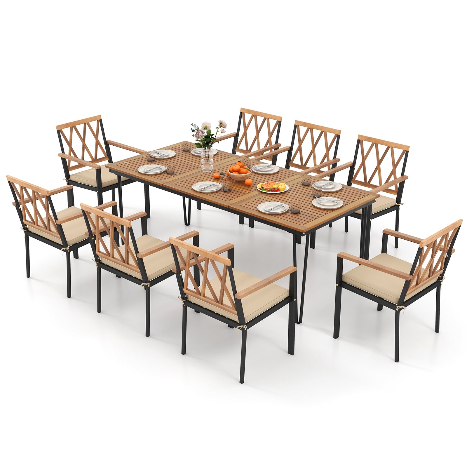 9-Piece Patio Dining Set 35.5 Inch Acacia Wood Table with Umbrella Hole and 22.5-Inch Wide Chairs, Natural Patio Dining Sets at Gallery Canada