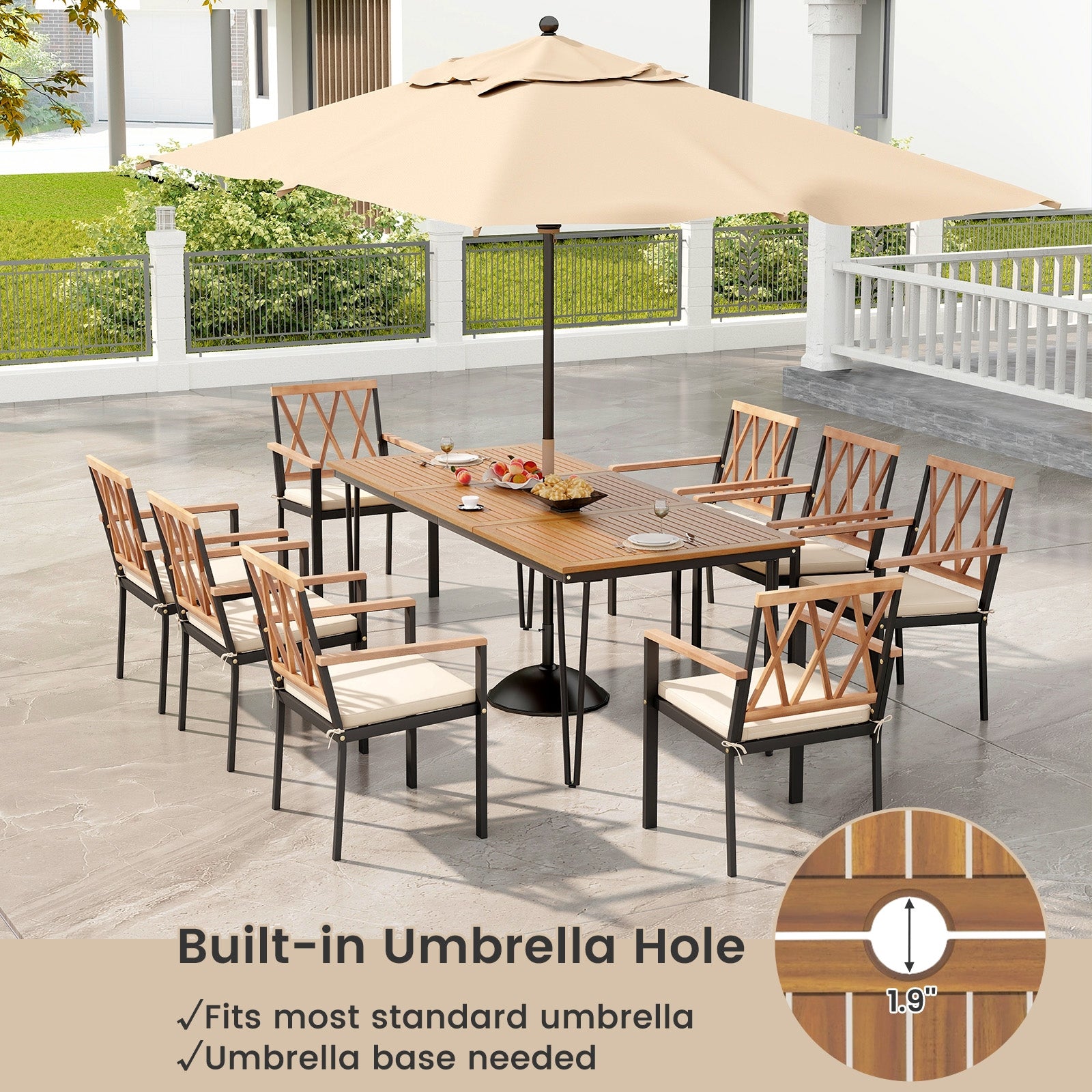 9-Piece Patio Dining Set 35.5 Inch Acacia Wood Table with Umbrella Hole and 22.5-Inch Wide Chairs, Natural Patio Dining Sets at Gallery Canada