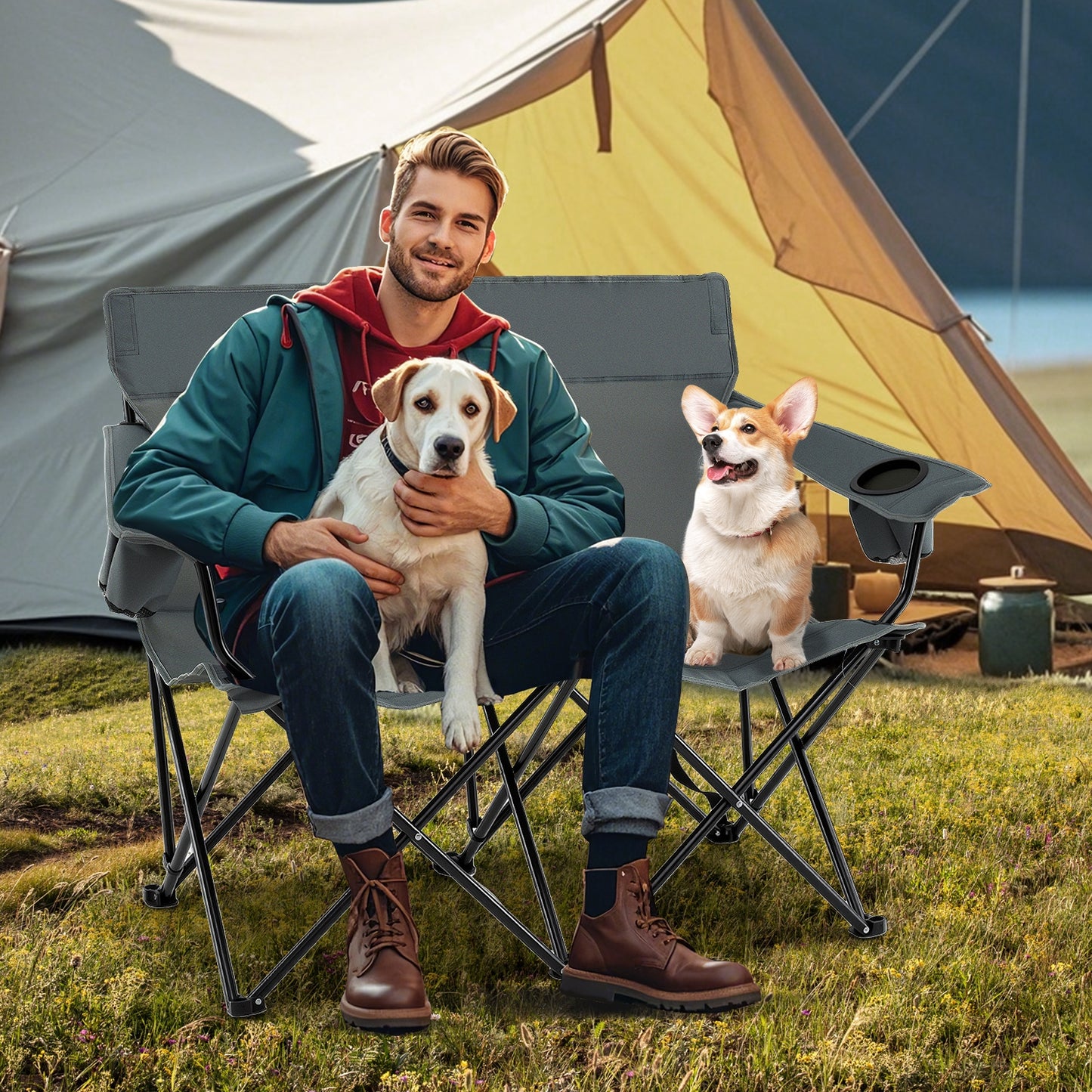 Double Camping Chair 2-Person Outdoor Folding Loveseat with Cup Holders, Gray Camping Furniture at Gallery Canada
