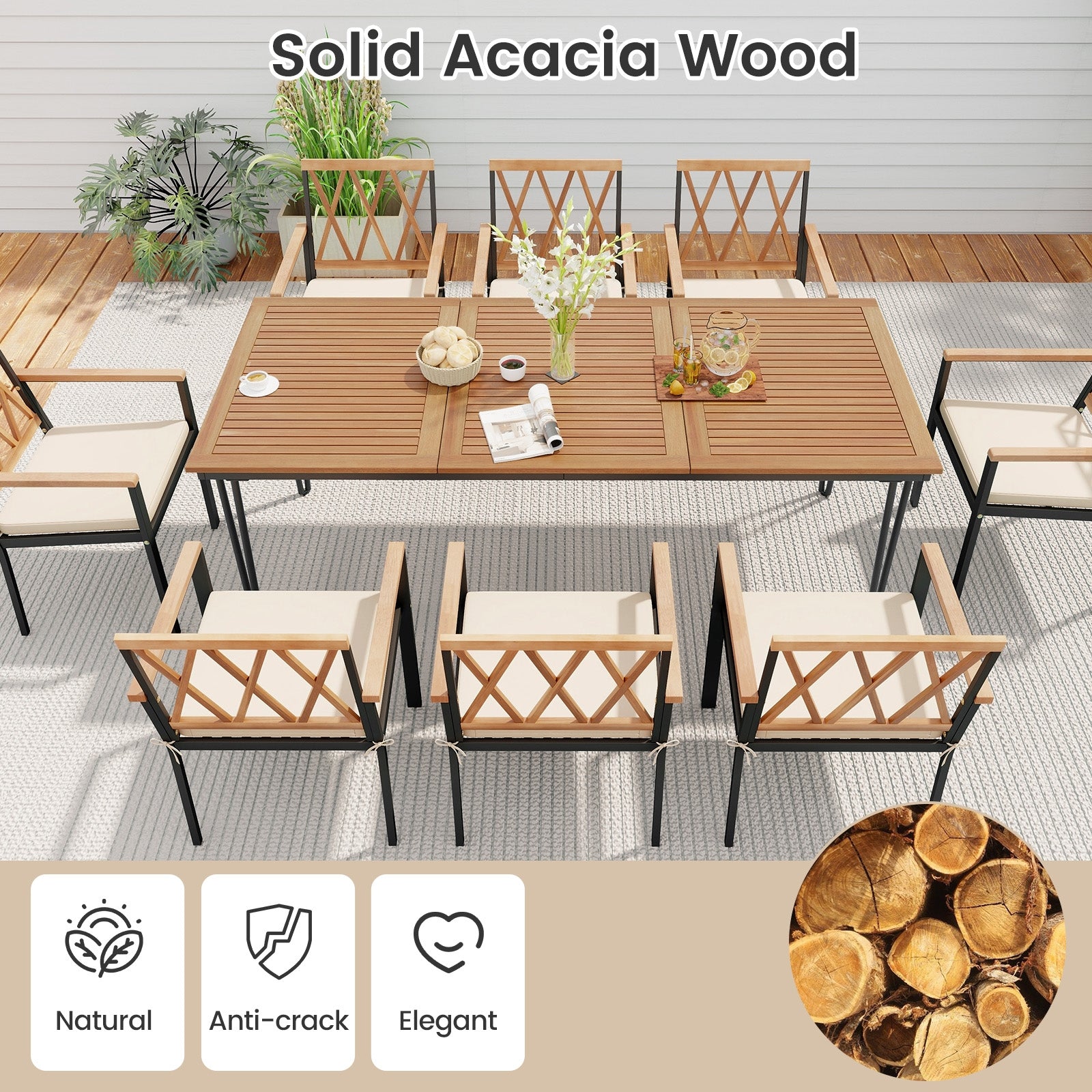 9-Piece Patio Dining Set 35.5 Inch Acacia Wood Table with Umbrella Hole and 22.5-Inch Wide Chairs, Natural Patio Dining Sets at Gallery Canada