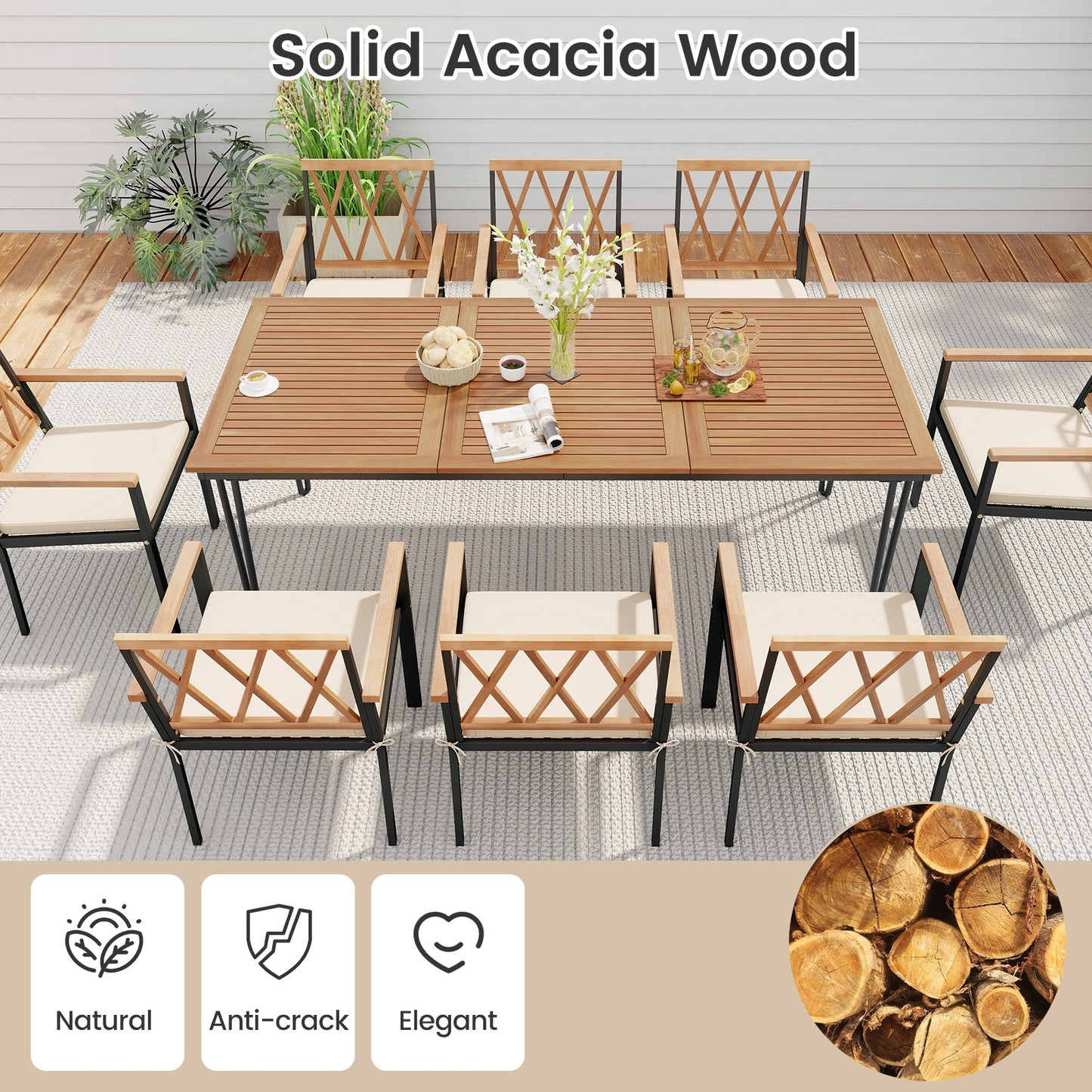 9-Piece Patio Dining Set 35.5 Inch Acacia Wood Table with Umbrella Hole and 22.5-Inch Wide Chairs, Natural Patio Dining Sets at Gallery Canada