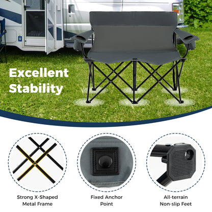 Double Camping Chair 2-Person Outdoor Folding Loveseat with Cup Holders, Gray Camping Furniture at Gallery Canada