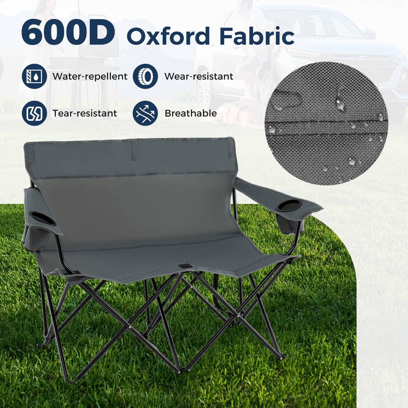 Double Camping Chair 2-Person Outdoor Folding Loveseat with Cup Holders, Gray Camping Furniture at Gallery Canada