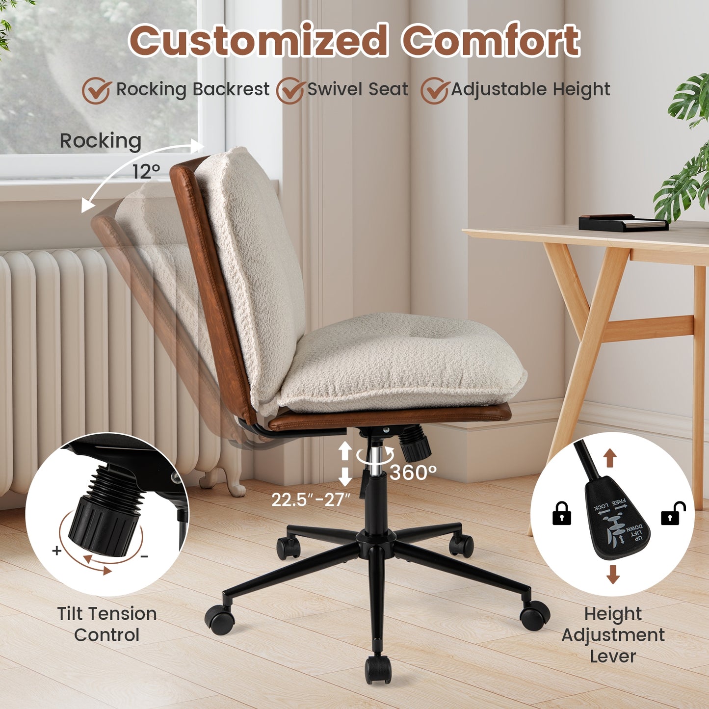 Armless Home Office Chair with Rocking Backrest, White Armless Chairs at Gallery Canada