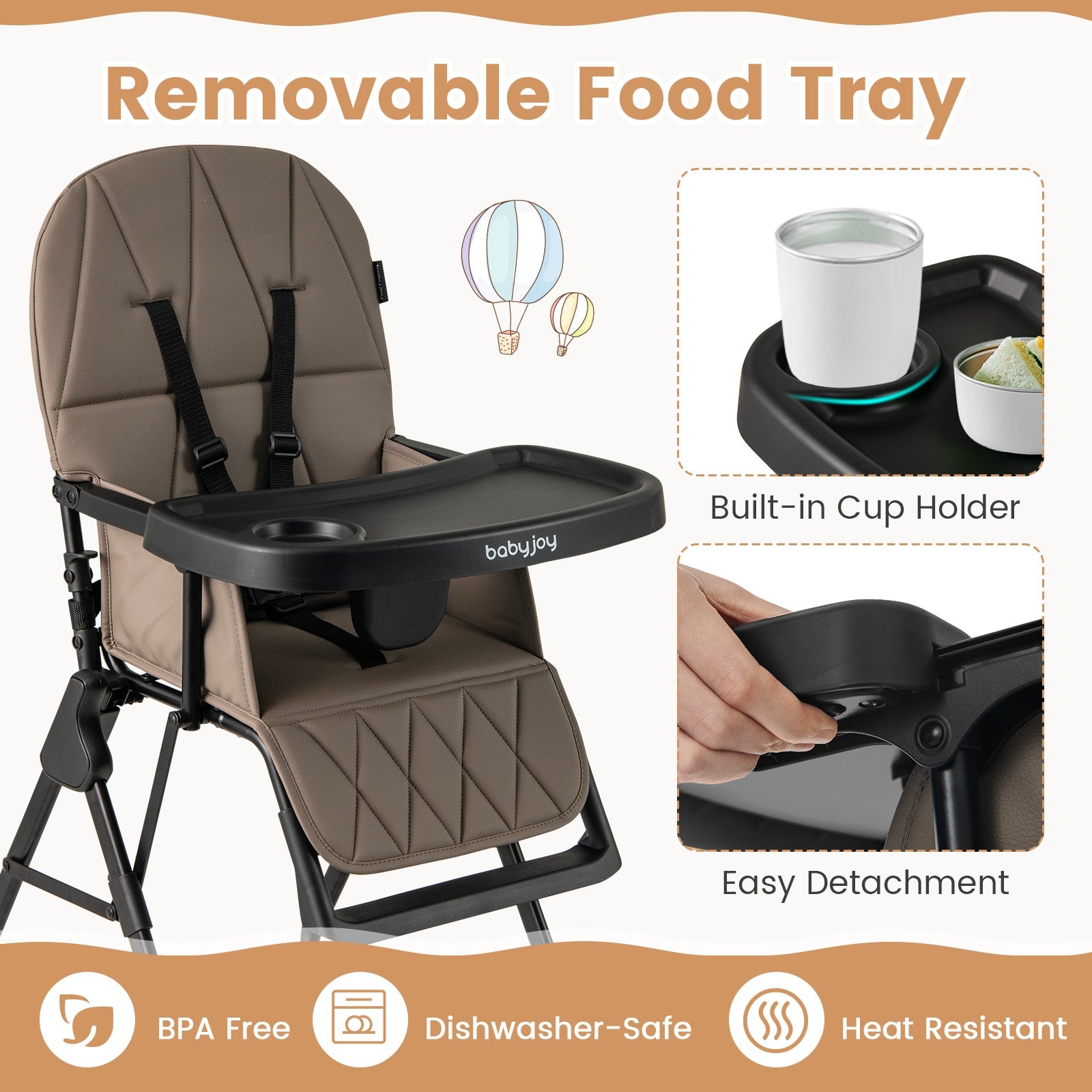 Easy Clean Compact Highchair with Removable Adjustable Tray and PU Seat Cushion, Brown High Chairs at Gallery Canada