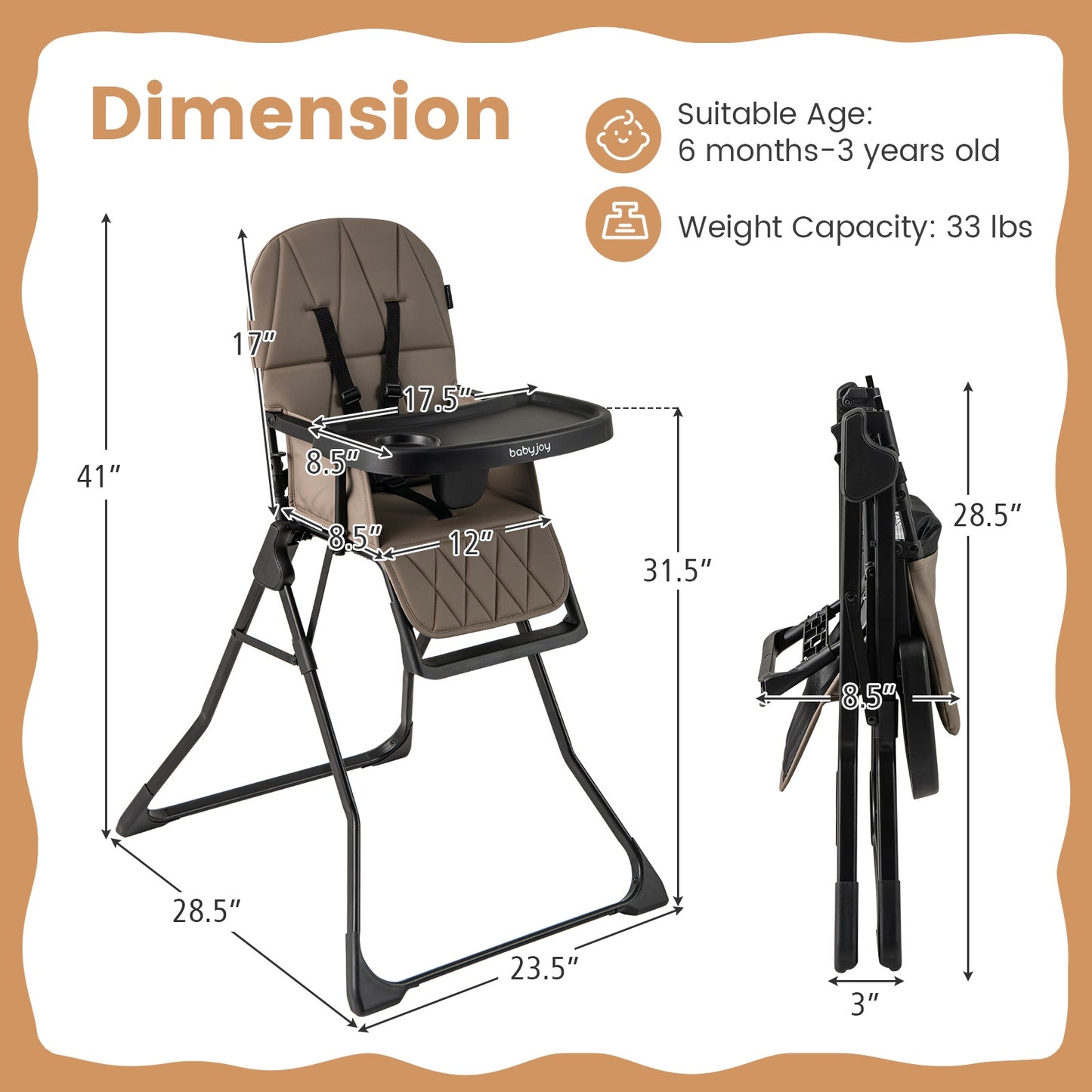 Easy Clean Compact Highchair with Removable Adjustable Tray and PU Seat Cushion, Brown High Chairs at Gallery Canada