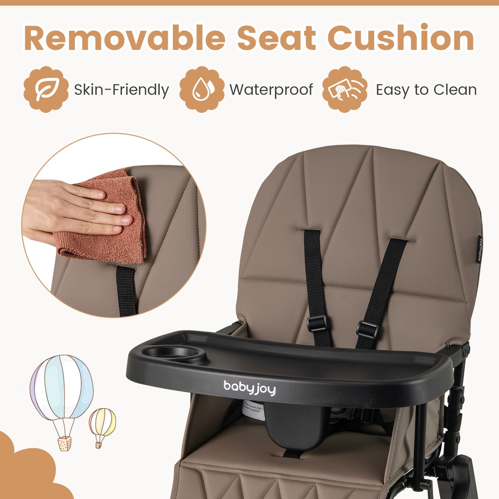 Easy Clean Compact Highchair with Removable Adjustable Tray and PU Seat Cushion, Brown High Chairs at Gallery Canada