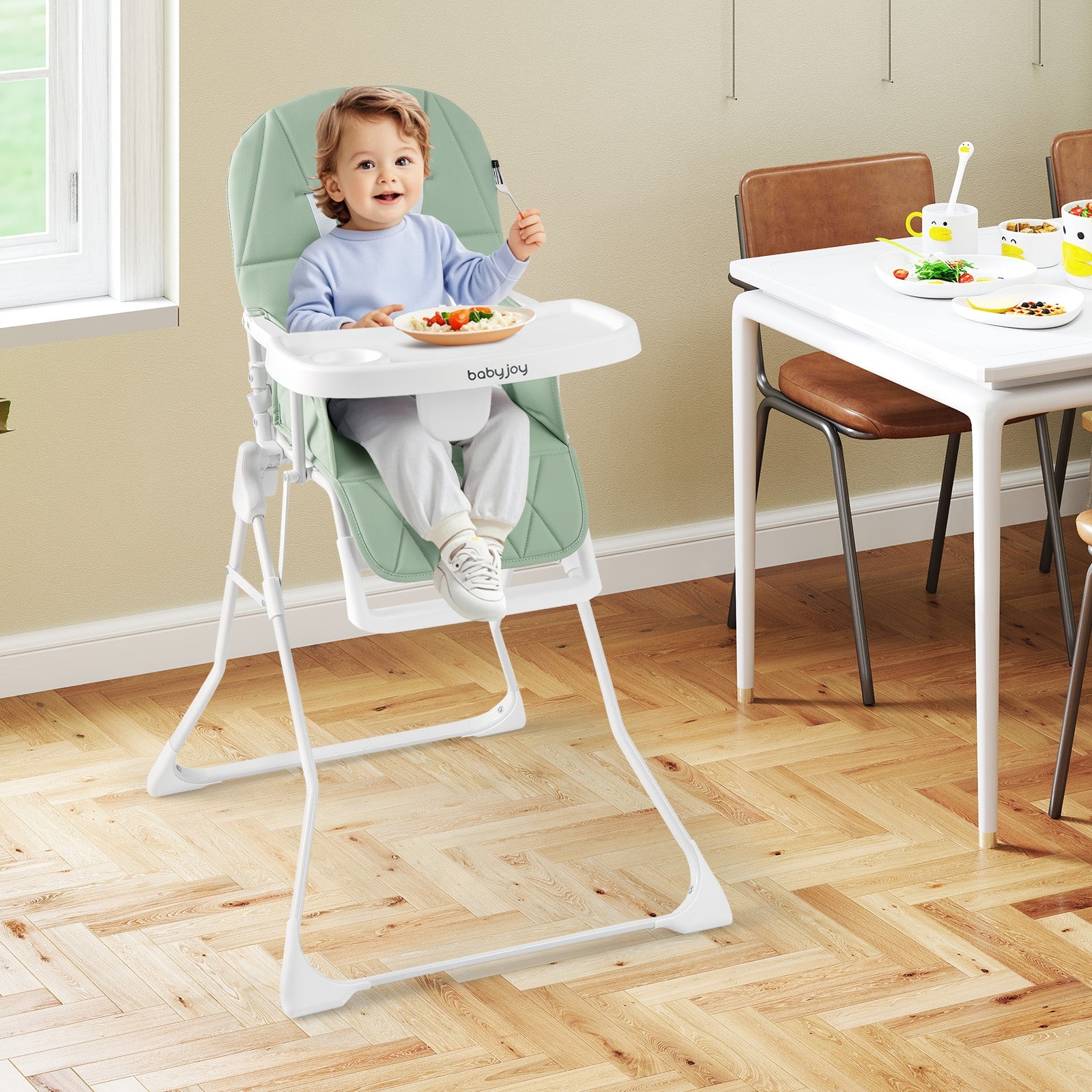 Easy Clean Compact Highchair with Removable Adjustable Tray and PU Seat Cushion, Green High Chairs at Gallery Canada