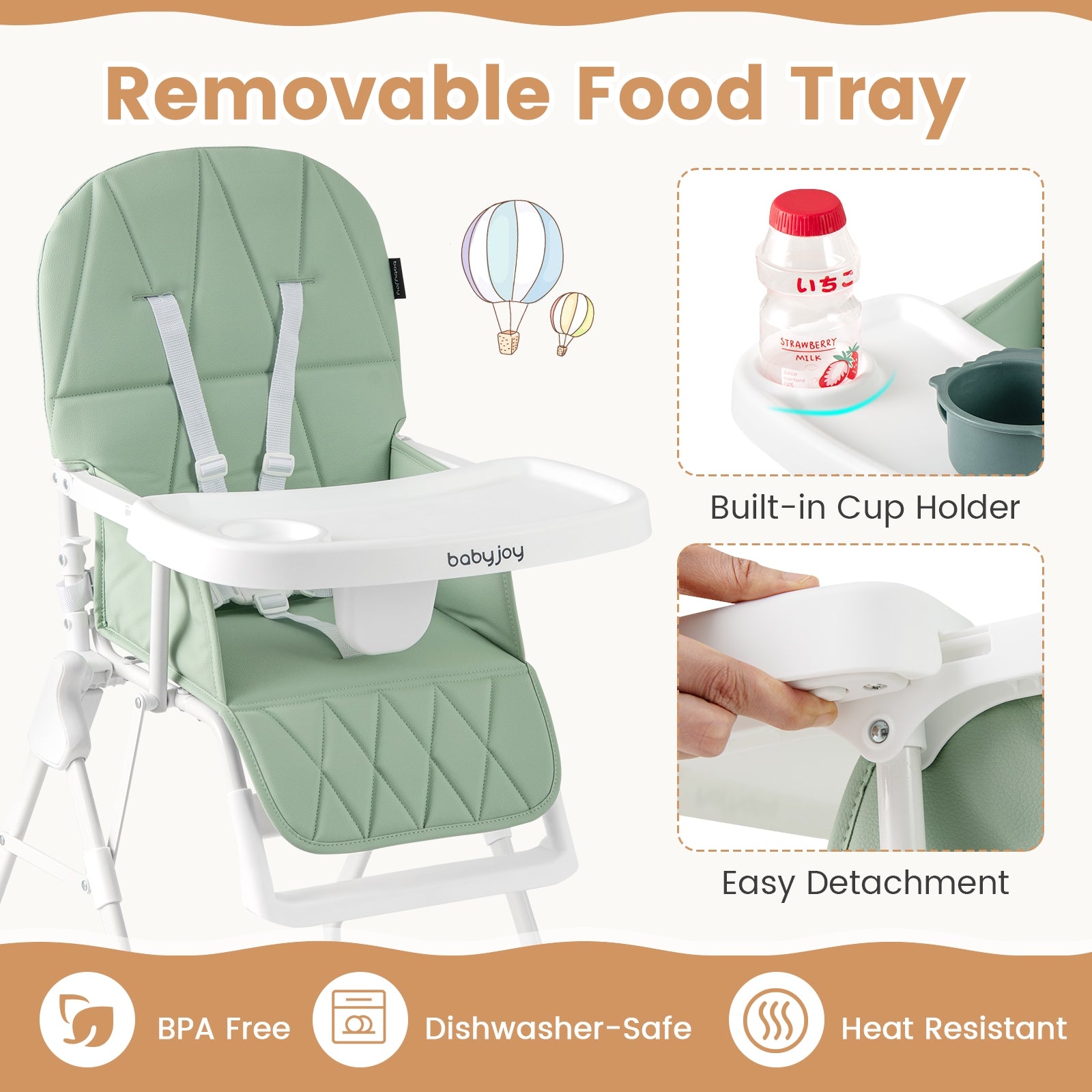 Easy Clean Compact Highchair with Removable Adjustable Tray and PU Seat Cushion, Green High Chairs at Gallery Canada