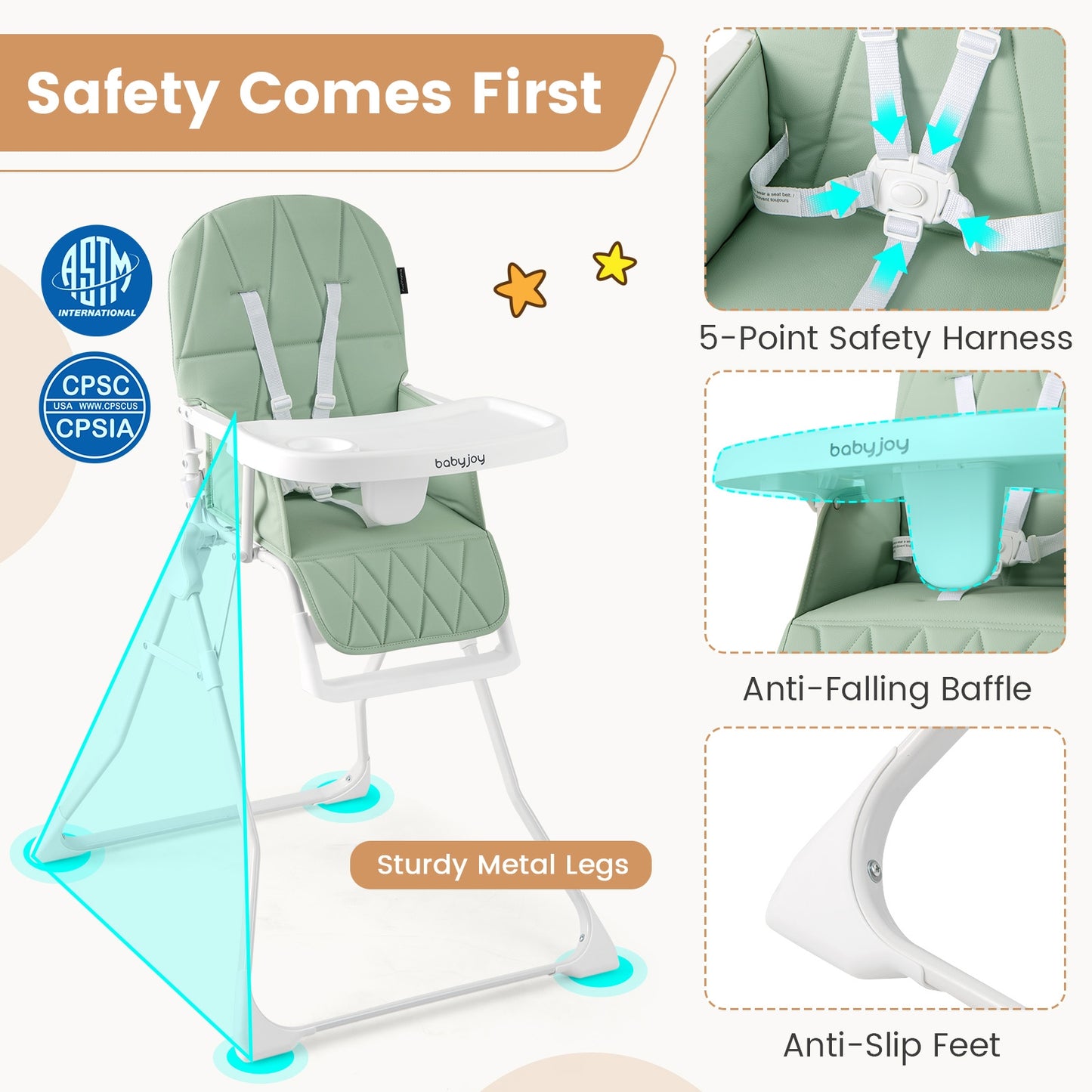 Easy Clean Compact Highchair with Removable Adjustable Tray and PU Seat Cushion, Green High Chairs at Gallery Canada